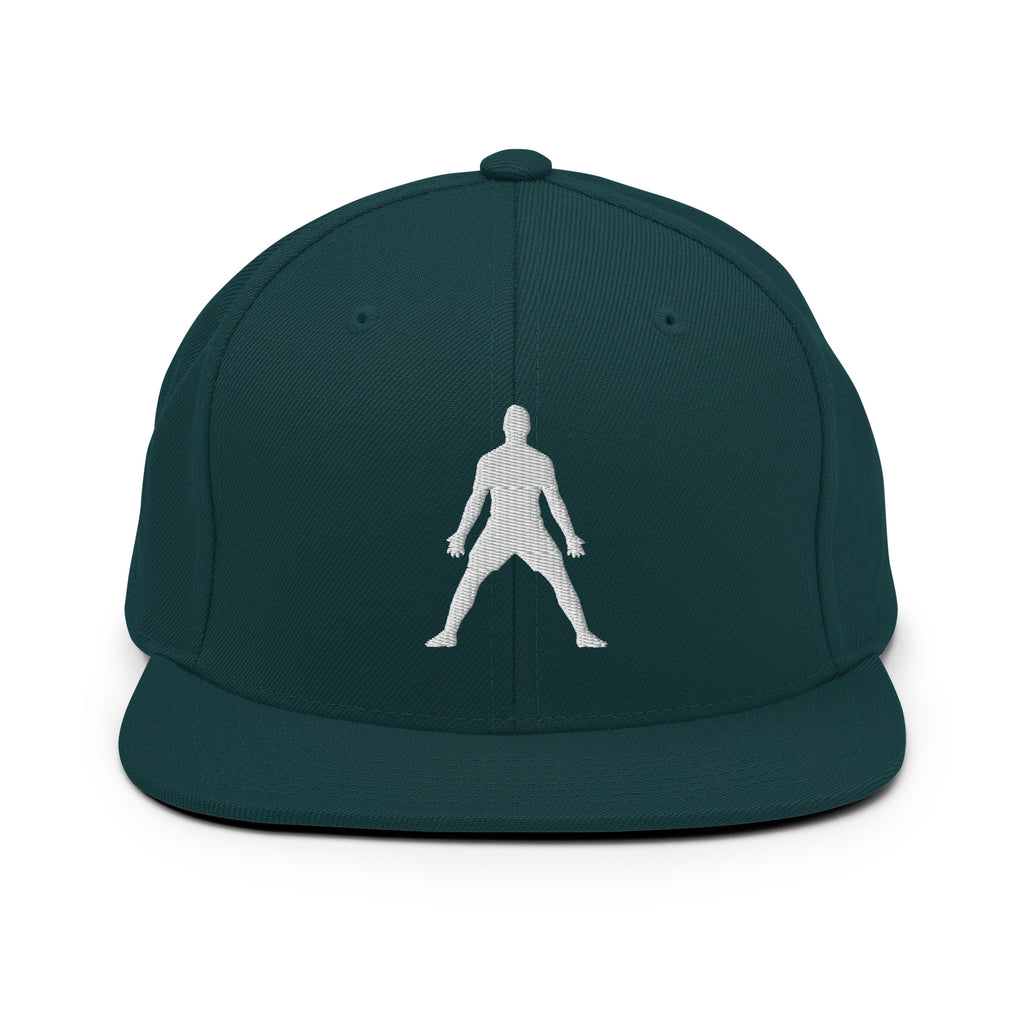 Dark green snapback hat with white 3D puff figure embroidered at center