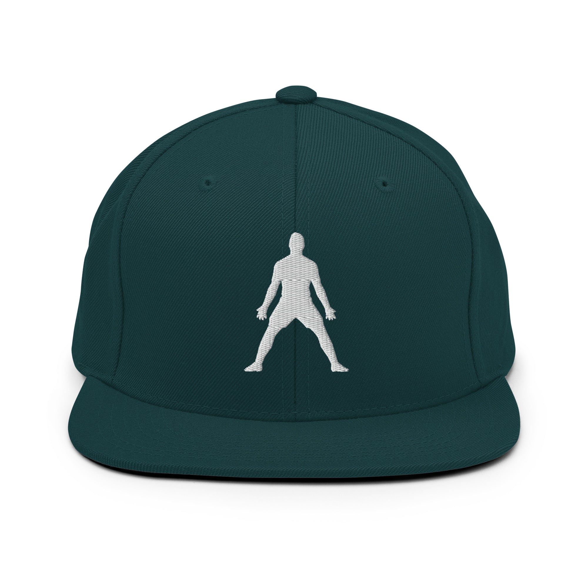 Dark green snapback hat with white 3D puff figure embroidered at center