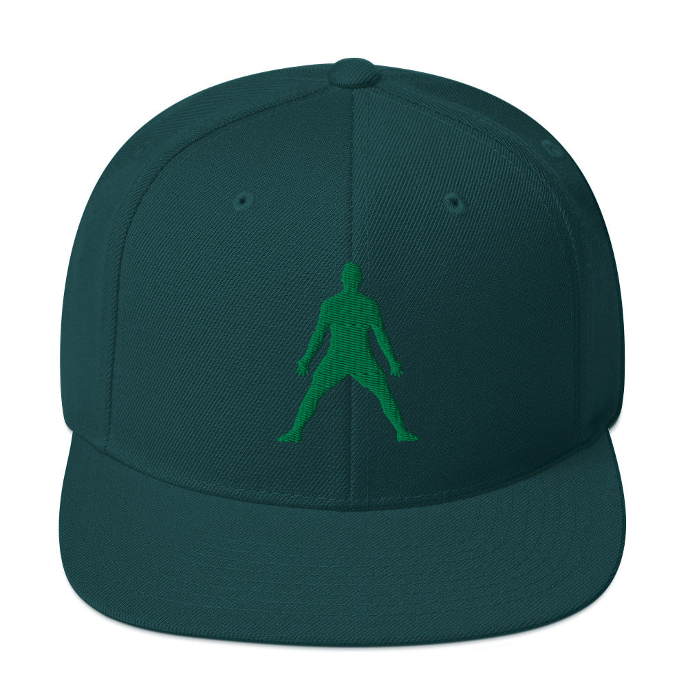 Green snapback hat with 3D puff embroidered dark green silhouette front panel.