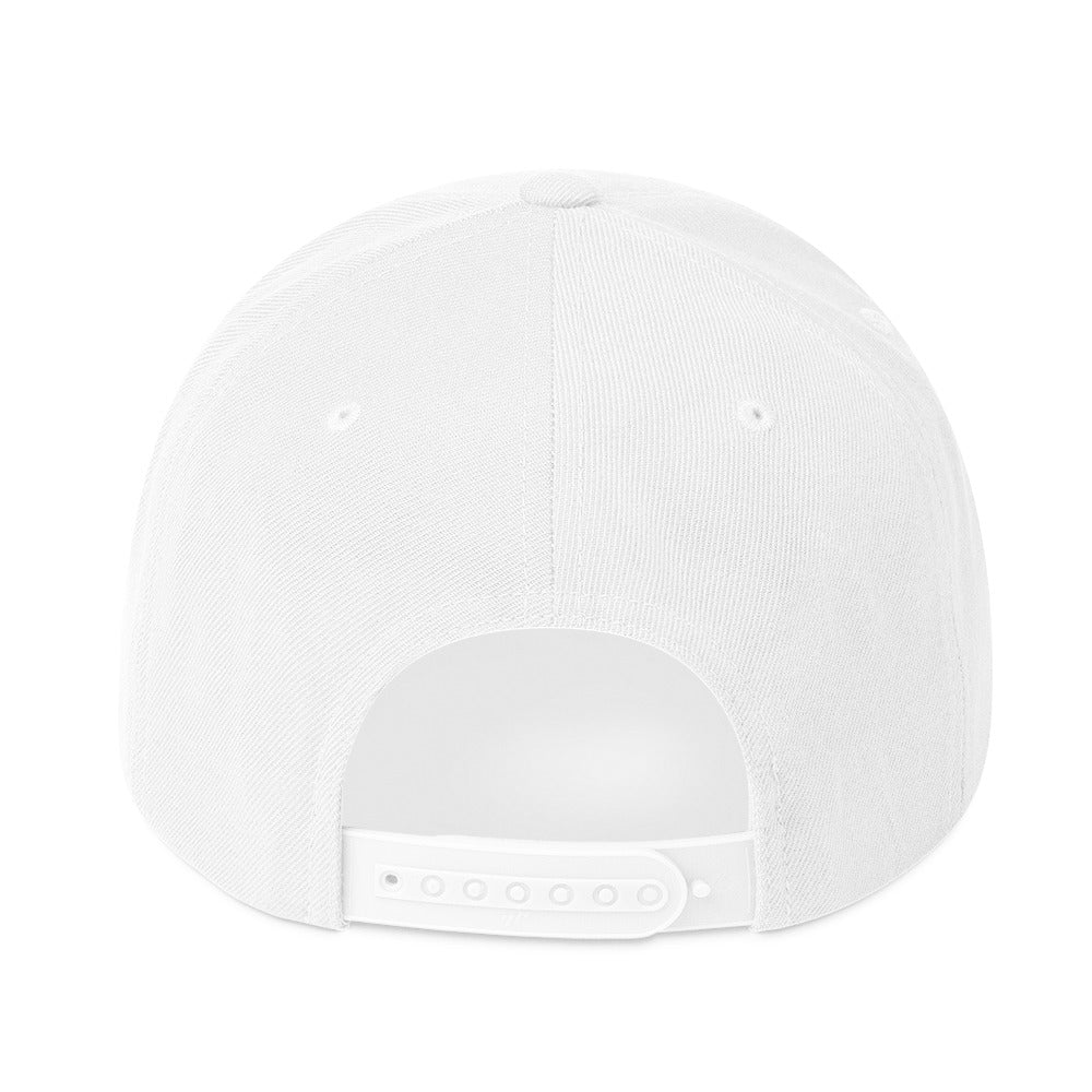 White snapback hat back view with adjustable snap strap and metal eyelets