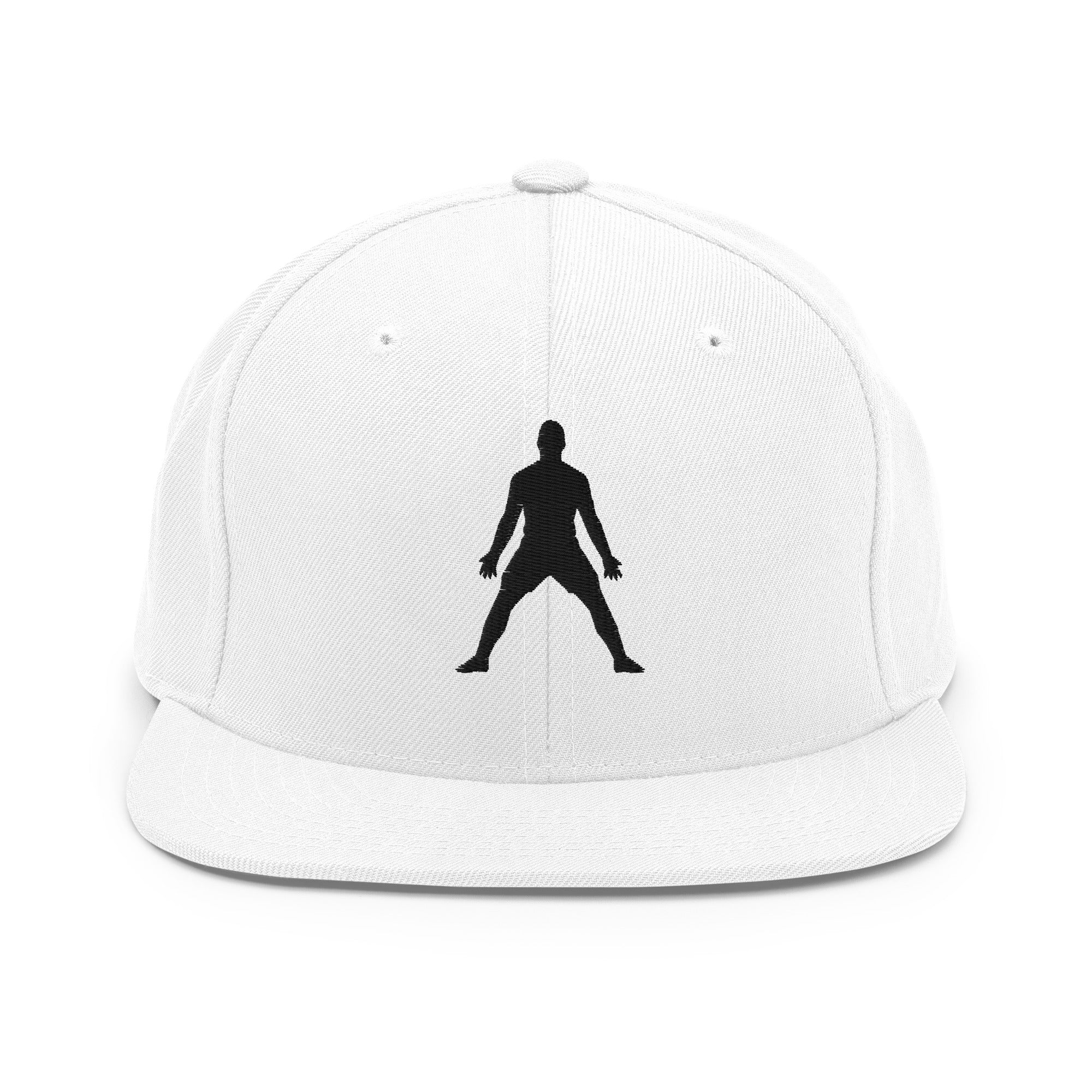 White snapback hat with black embroidered figure on the front panel.