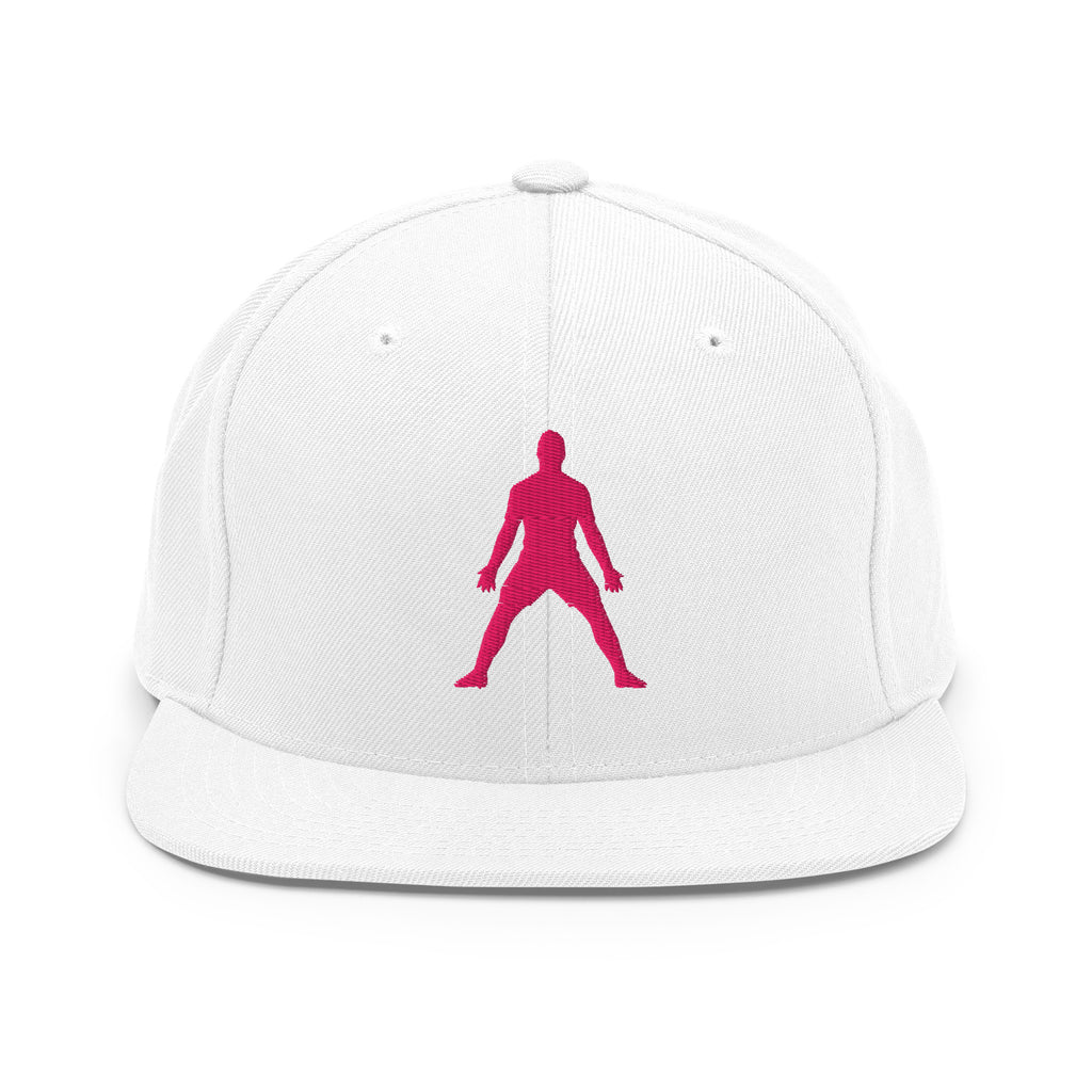 White snapback hat with neon pink 3D-style embroidered figure on front panel