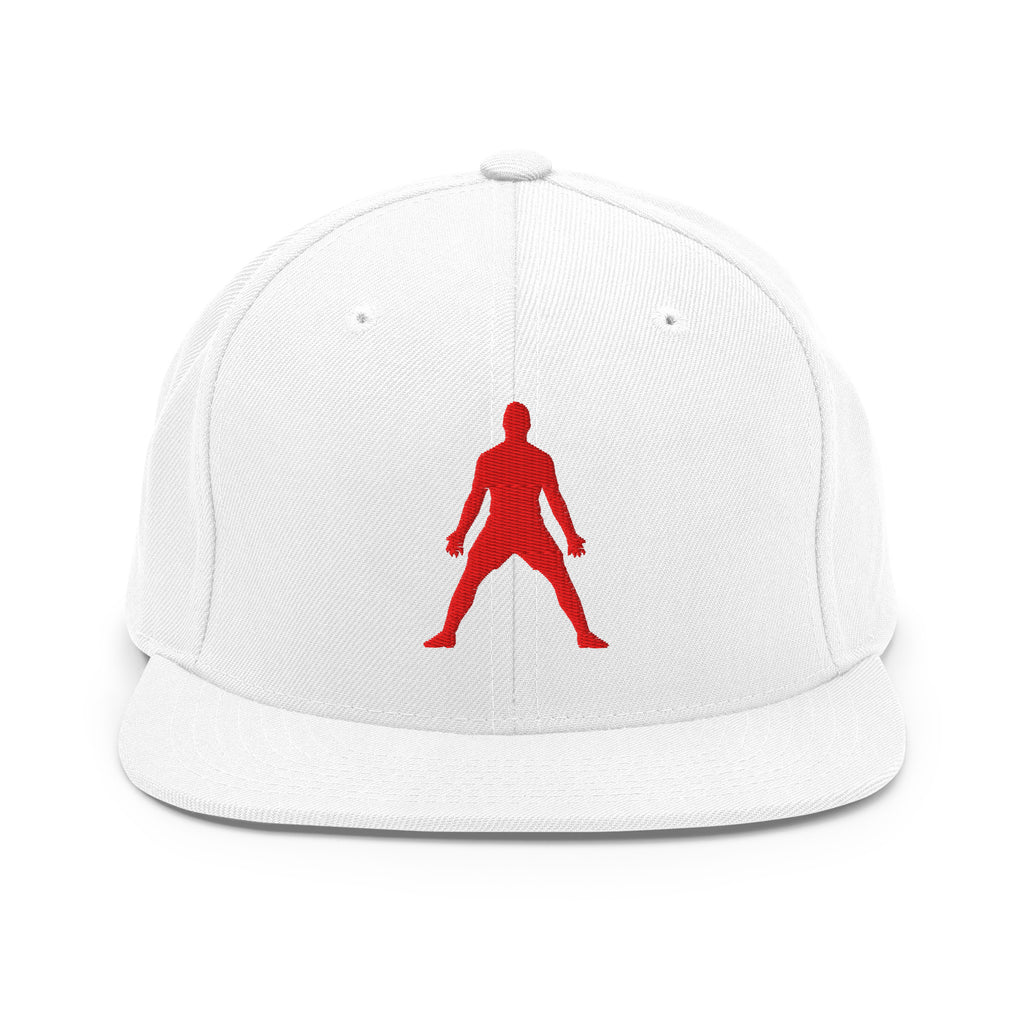 White snapback hat with red 3D puff silhouette logo embroidery, flat brim, button top.