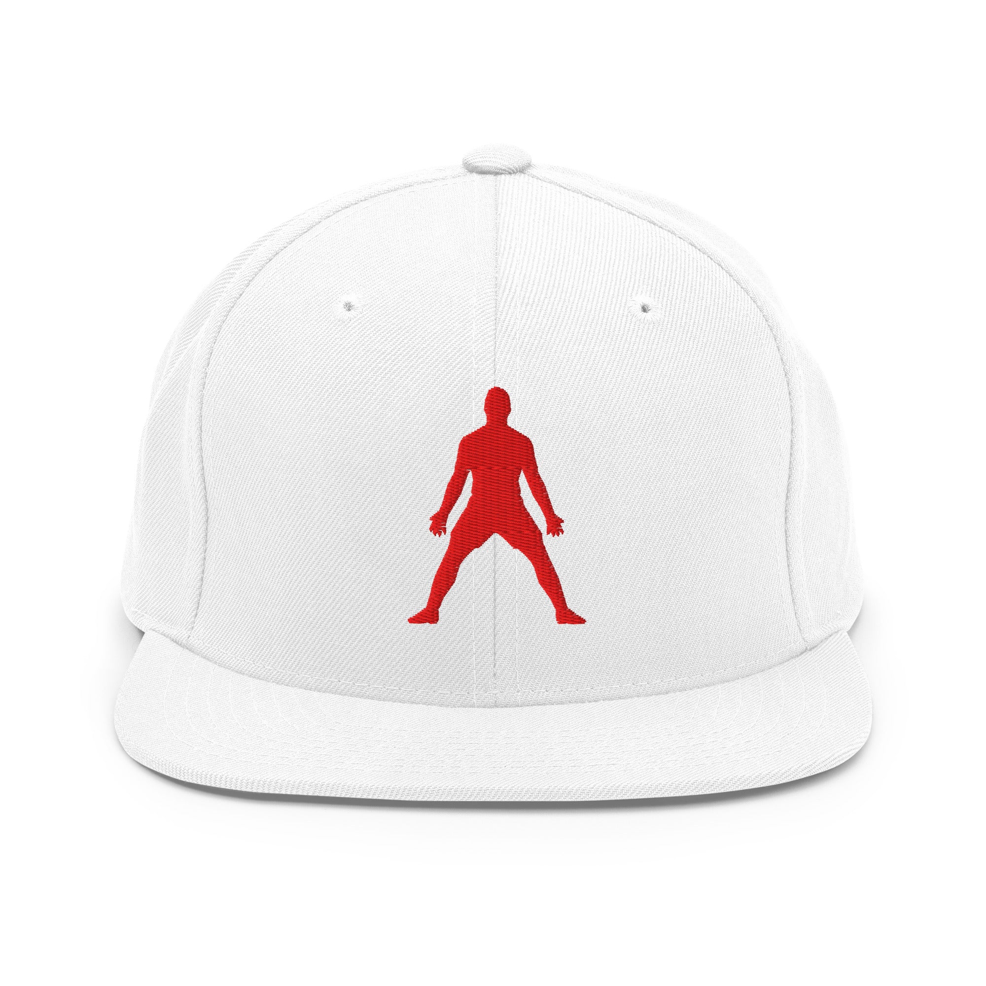 White snapback hat with red 3D puff silhouette logo embroidery, flat brim, button top.