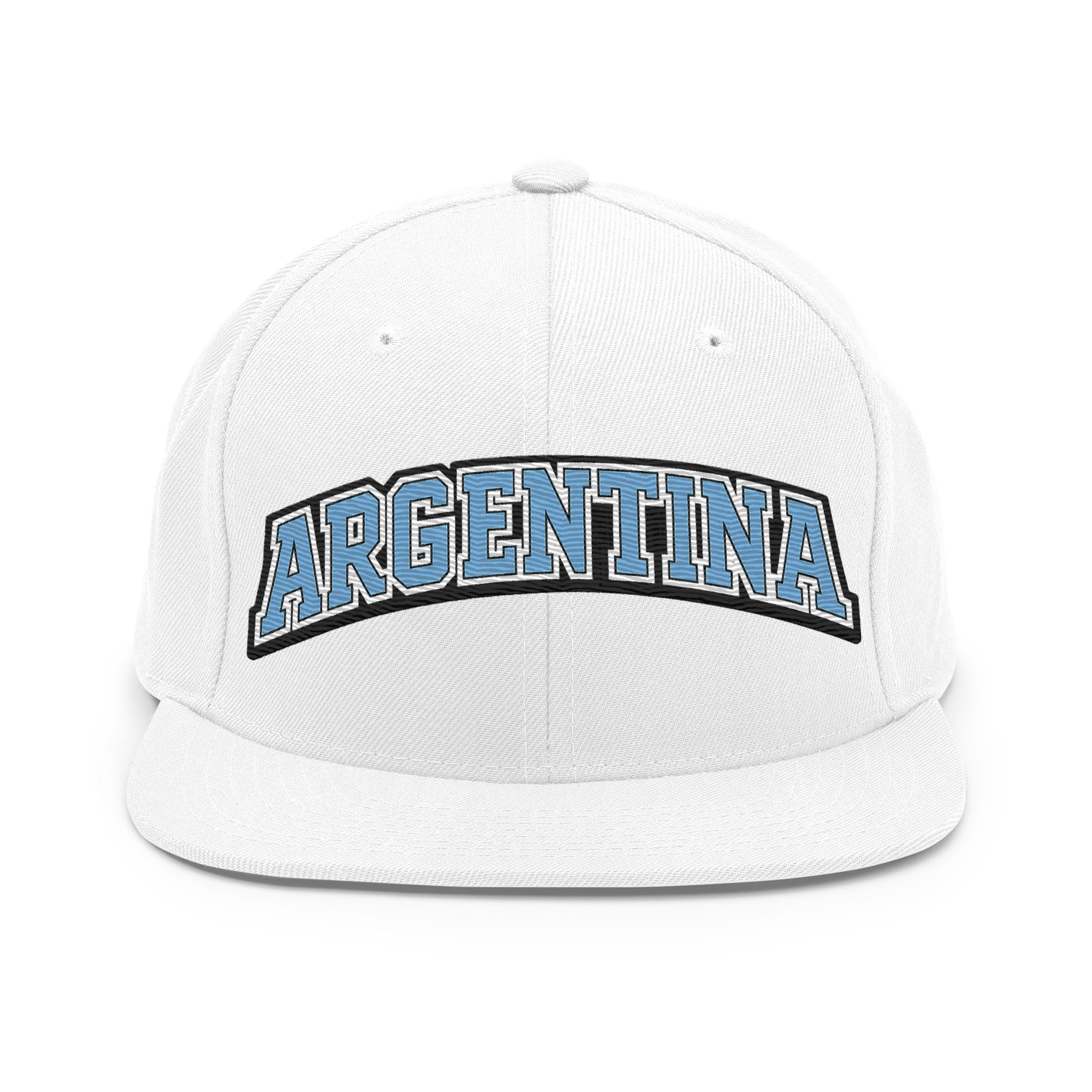 White snapback hat with embroidered “ARGENTINA” front patch and dark under-visor.