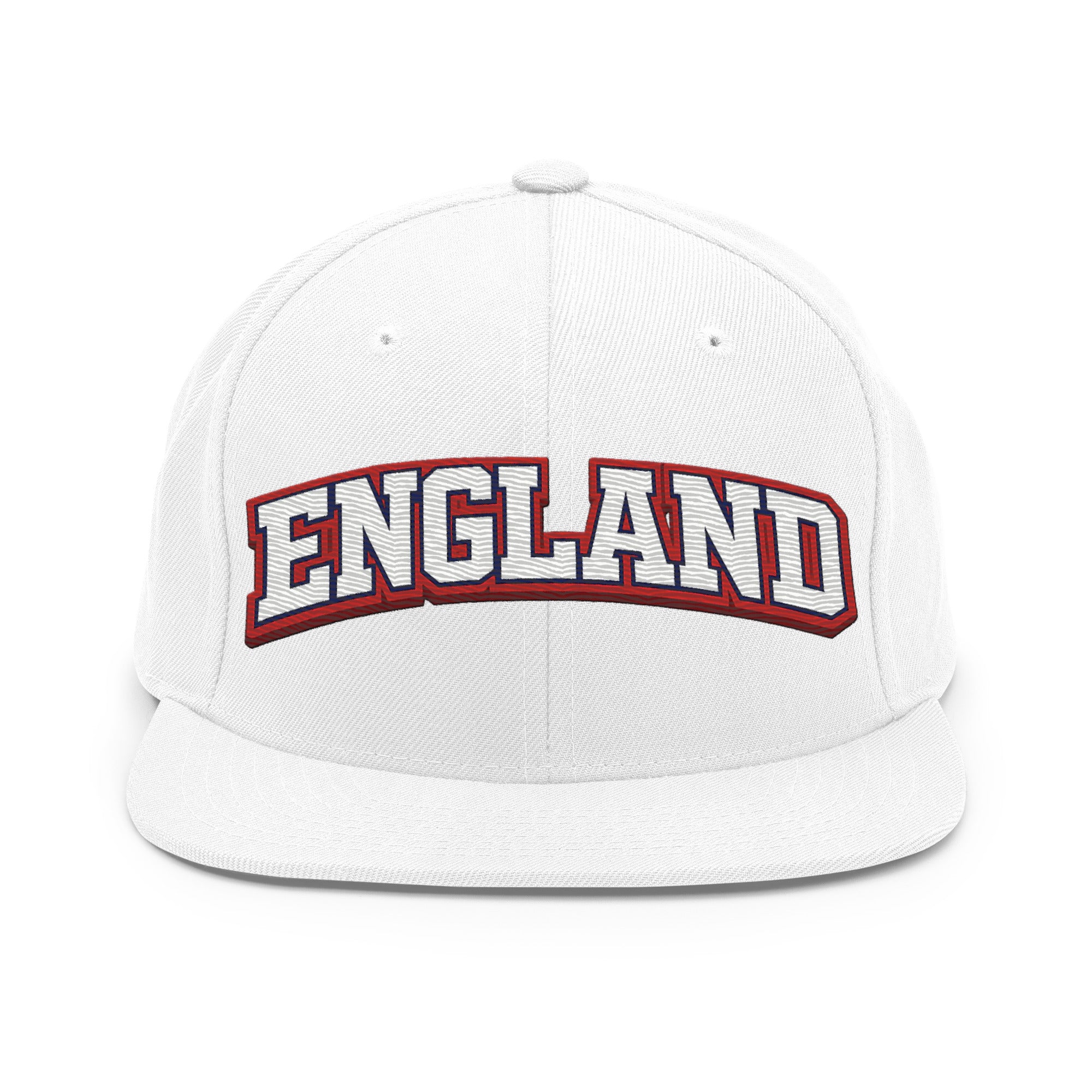 White snapback hat with embroidered “ENGLAND” on the front panel.