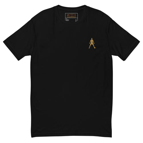 Men's fitted black T-shirt with small gold embroidered figure on chest.
