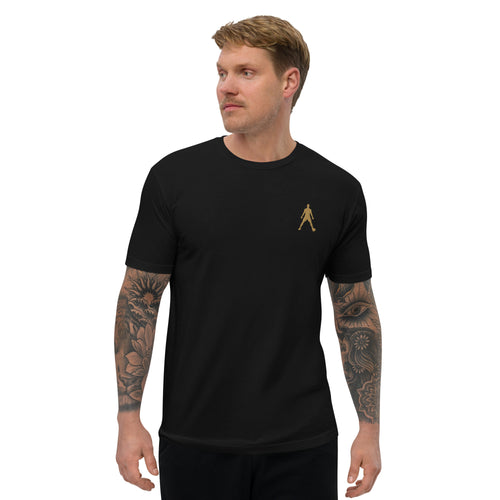 Men's black crew-neck fitted T-shirt with small gold embroidered figure on chest.