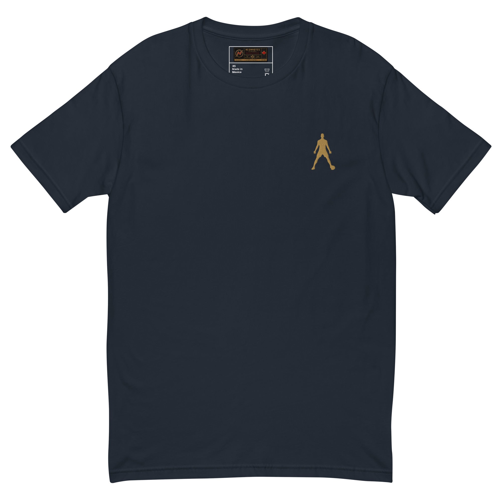 Men's fitted midnight navy T-shirt with small gold embroidered figure on chest.