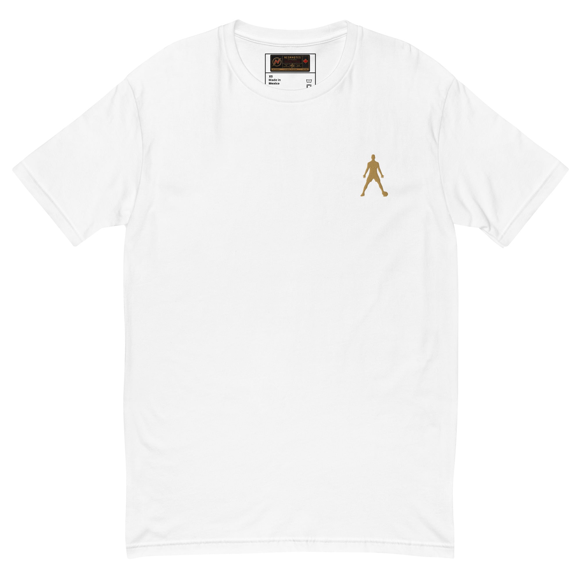 Men's fitted white T-shirt with small gold embroidered figure on chest.