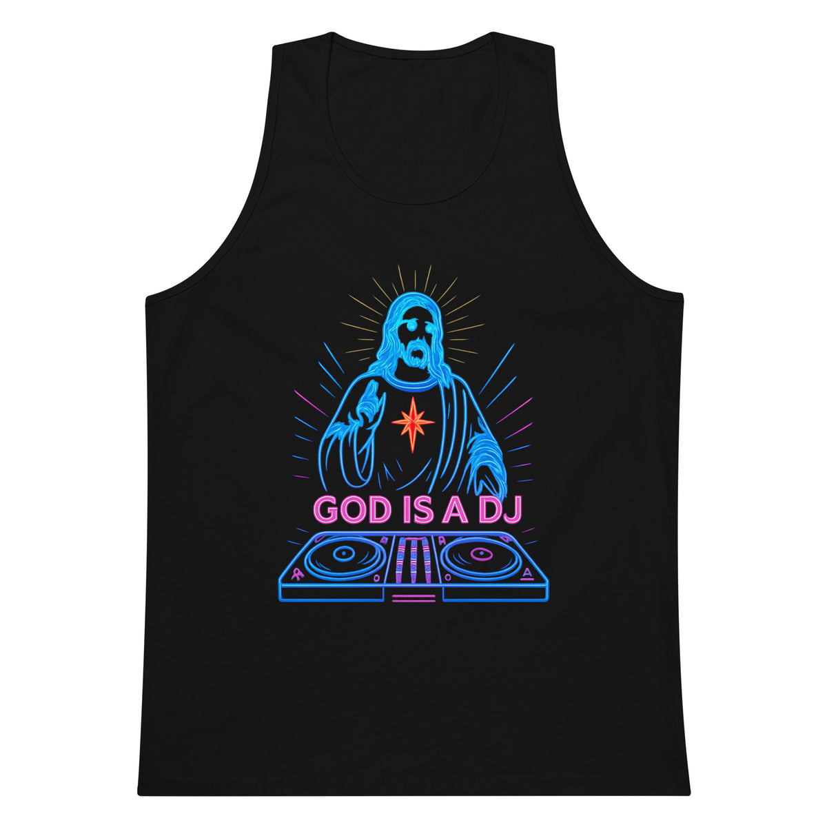 Black men’s tank top with neon DJ graphic and “GOD IS A DJ” text