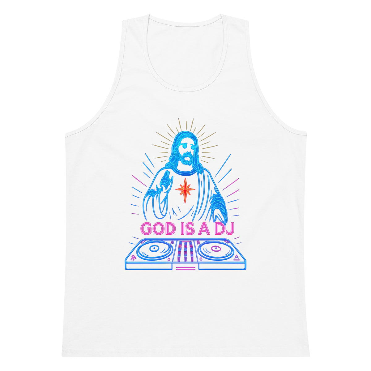 White men’s tank top with neon DJ graphic and “GOD IS A DJ” text