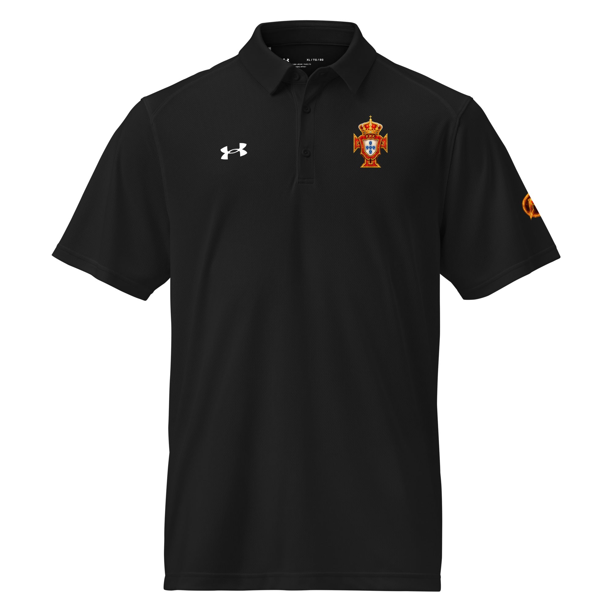 Men's Under Armour polo, black with crest and chest logo, short sleeves and collar