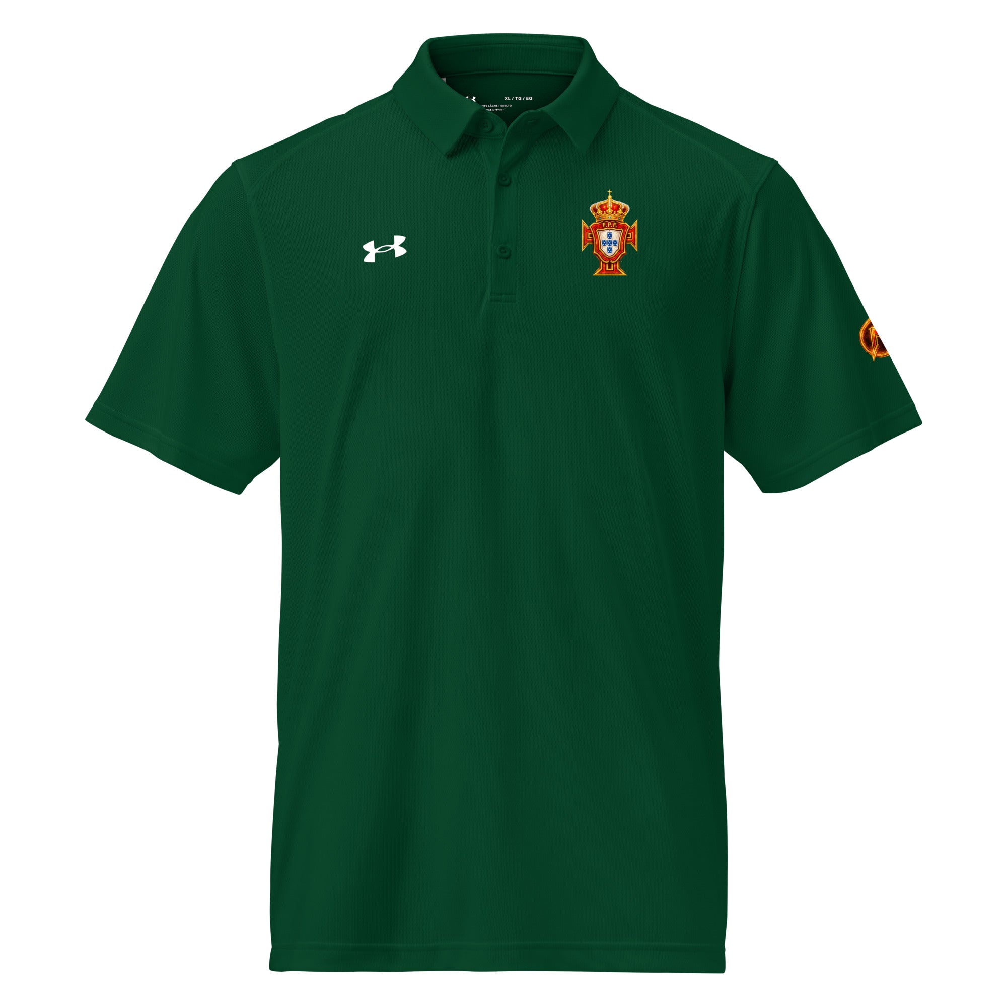 Men's Under Armour polo, forest green with crest and chest logo, short sleeves and collar