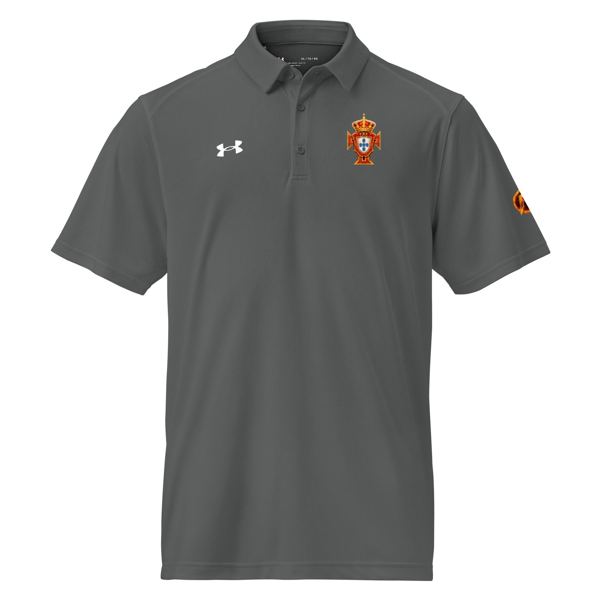 Men's Under Armour polo, grey with crest and chest logo, short sleeves and collar