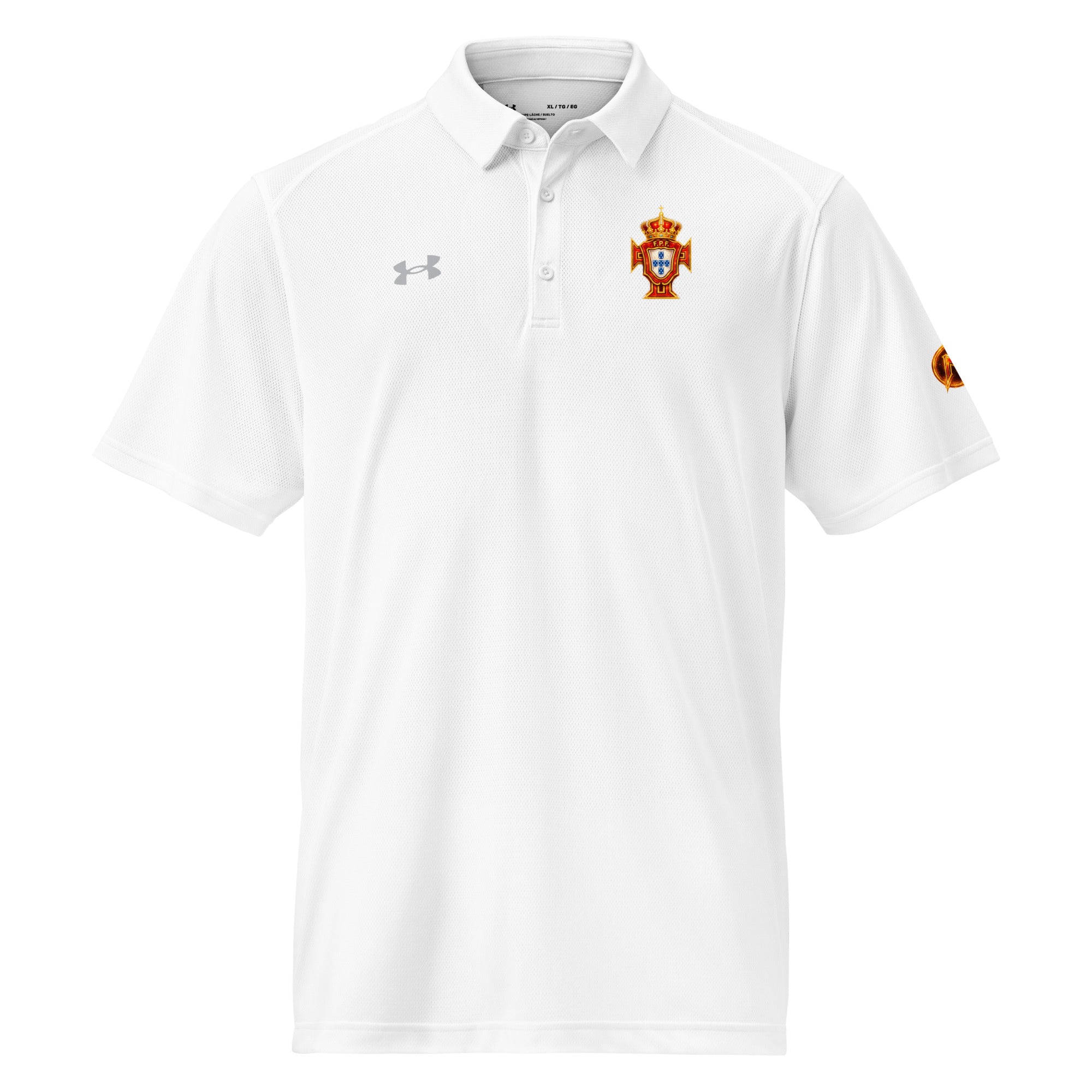 Men's Under Armour polo, white with crest and chest logo, short sleeves and collar