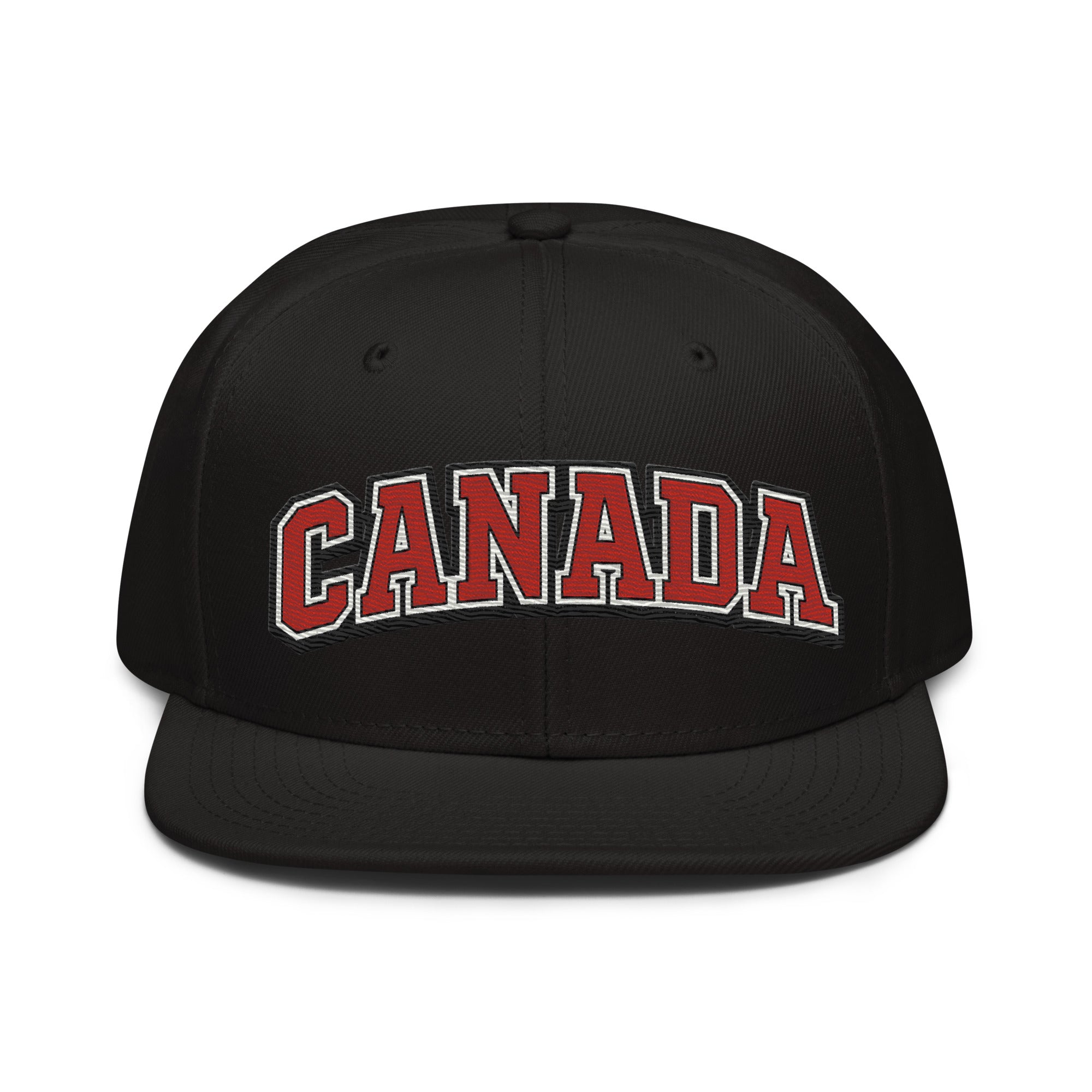 Black snapback hat with embroidered CANADA logo in red and white