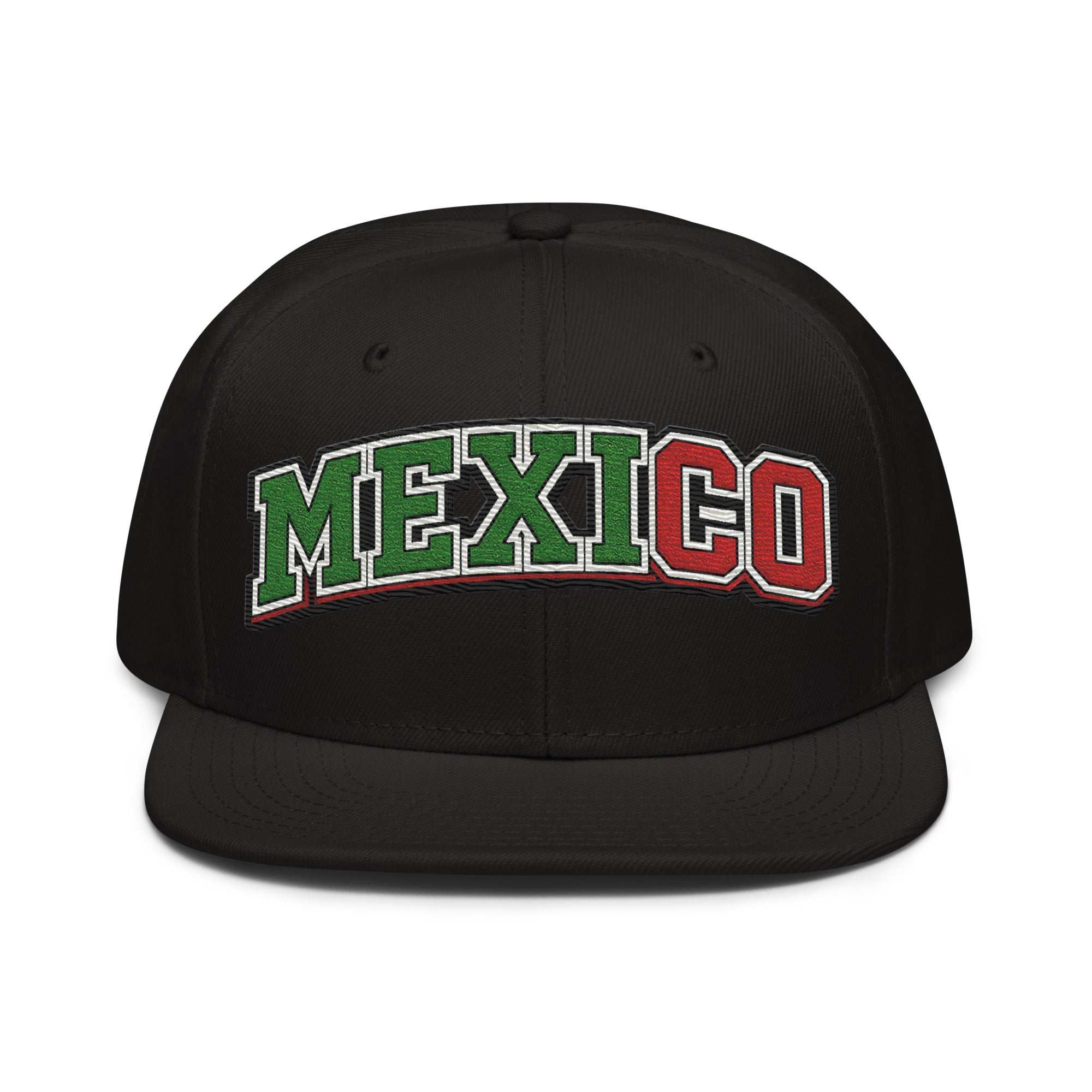 Black snapback hat with embroidered "MEXICO" logo in green, white, and red