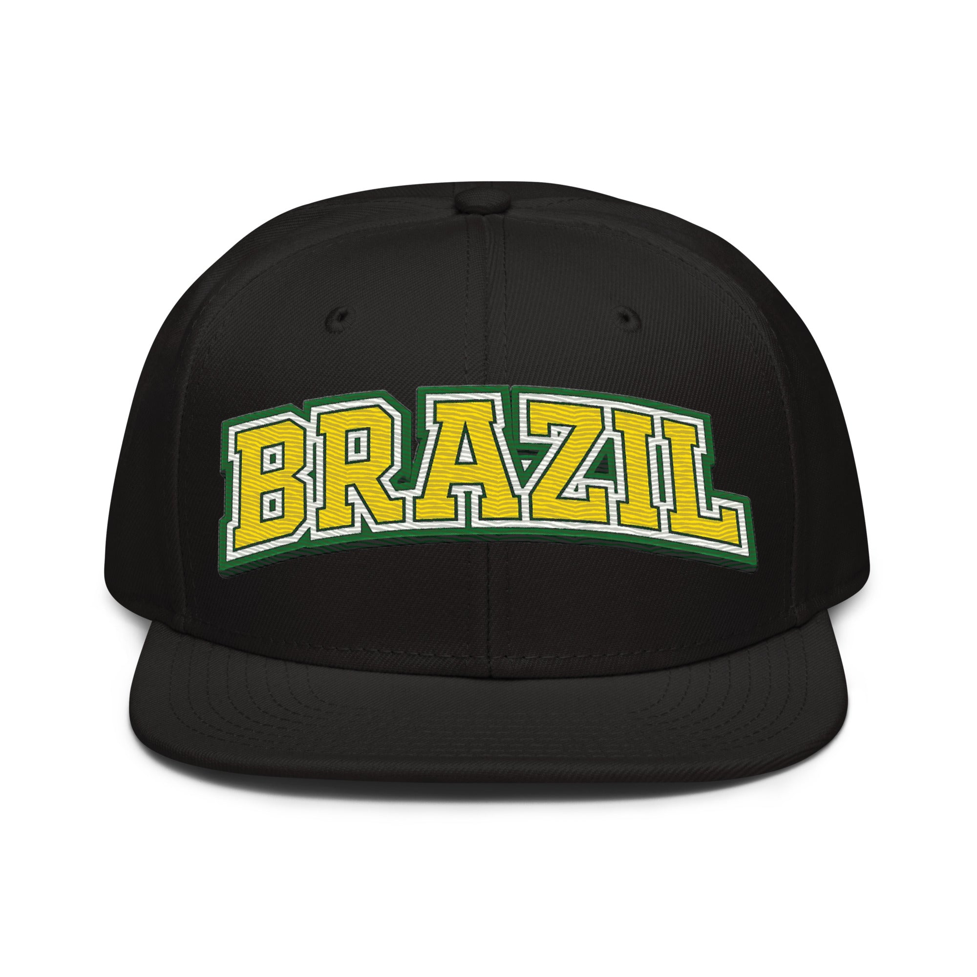 Black snapback hat with embroidered “BRAZIL” logo across the front panel