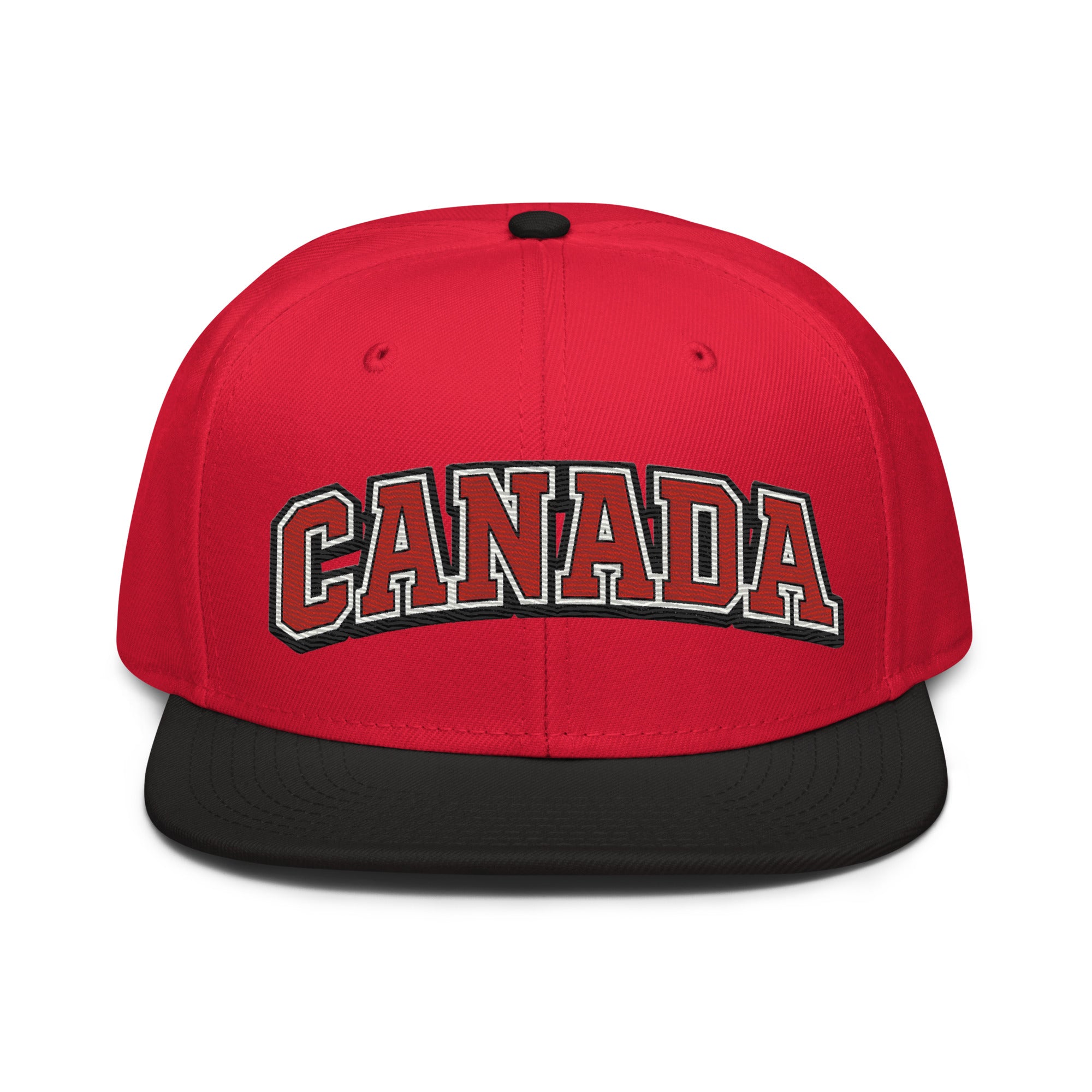 Red snapback hat with embroidered CANADA logo in red, white, and black