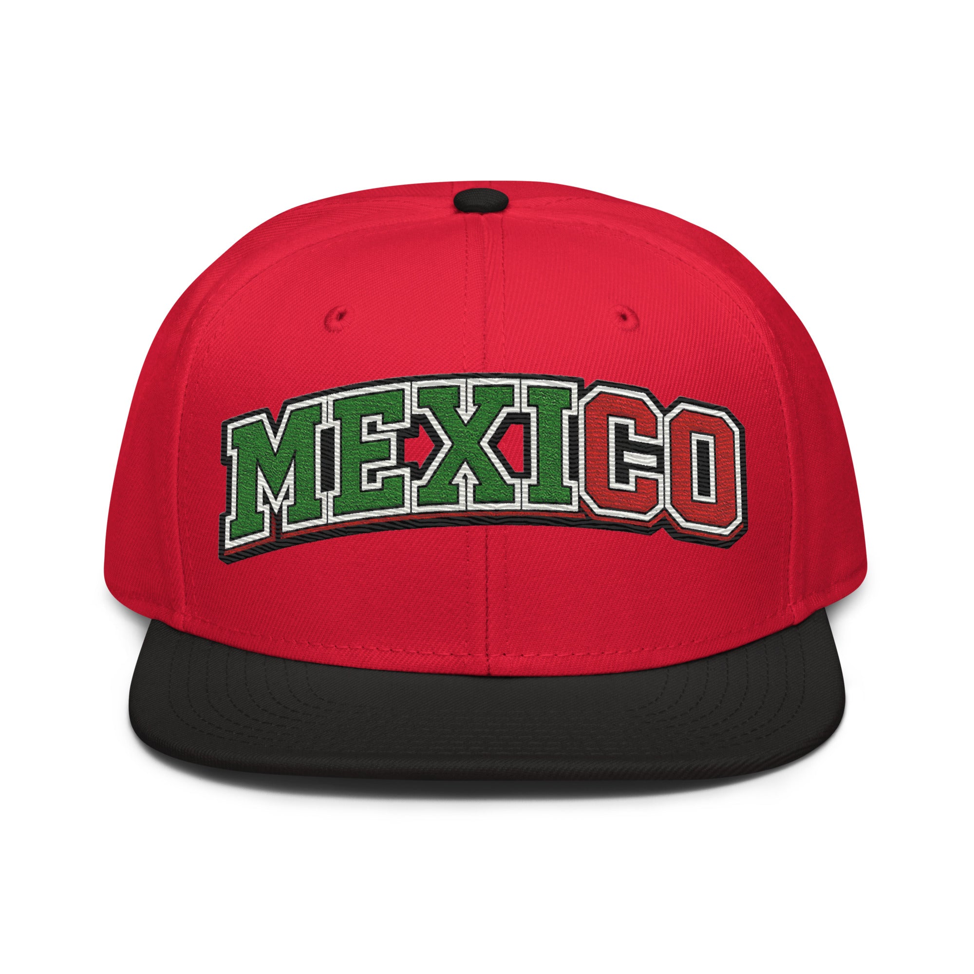 Red snapback hat with embroidered "MEXICO" logo and black brim