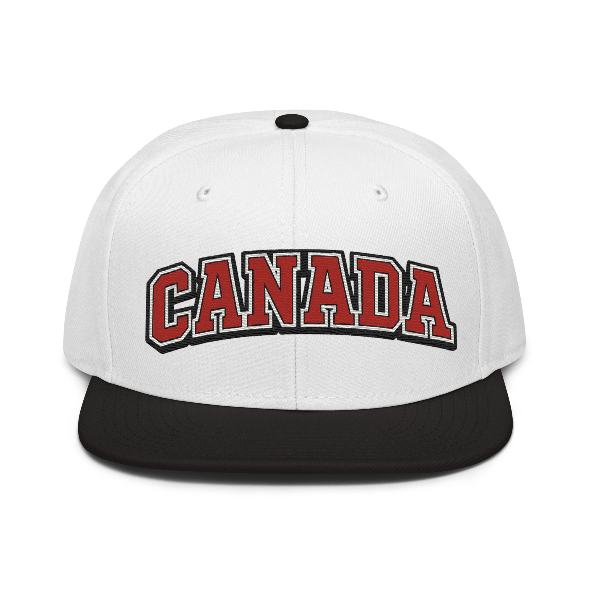 White snapback hat with embroidered CANADA logo in red, black, and white