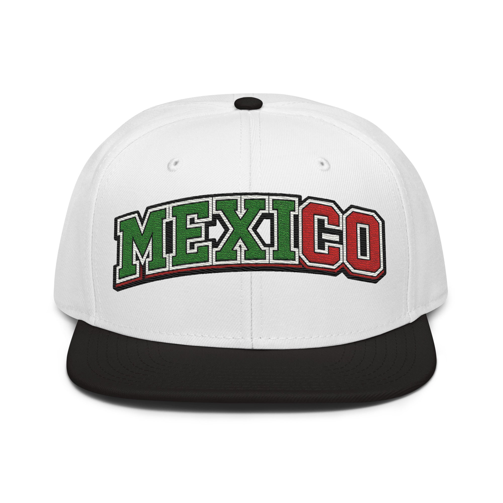 White snapback hat with black brim and embroidered "MEXICO" logo in green, white, and red