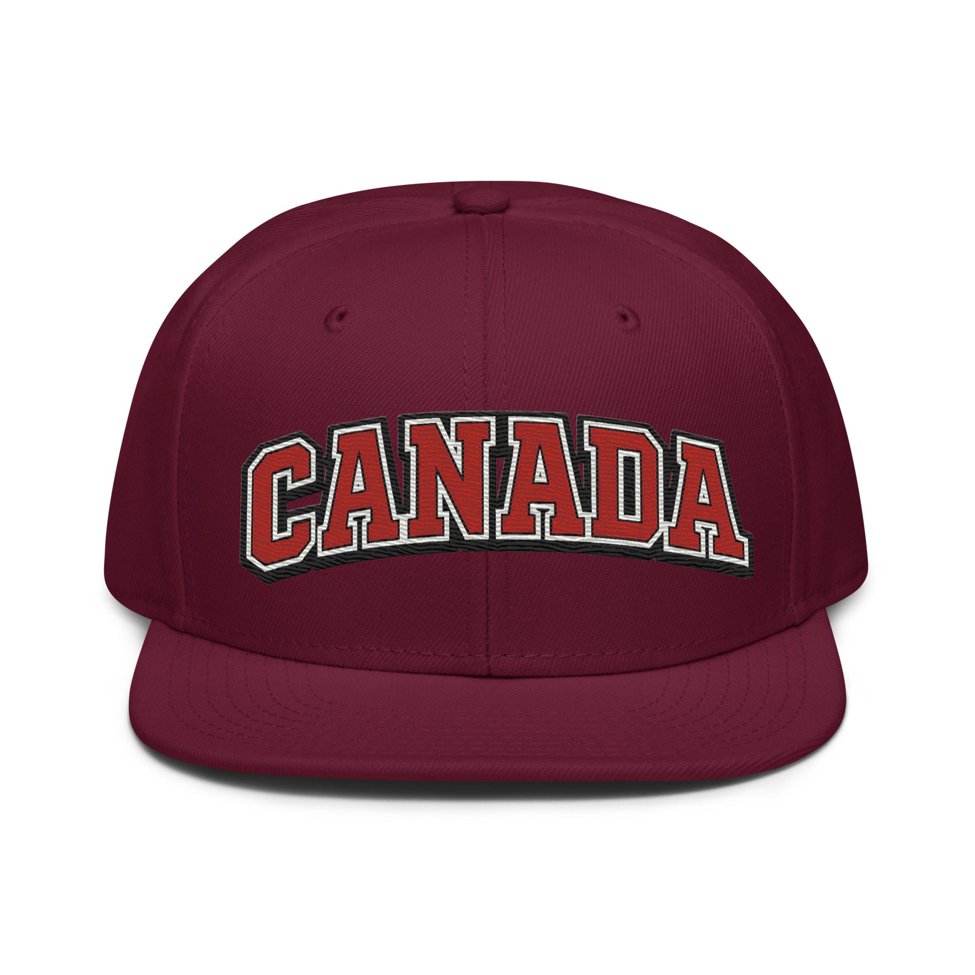 Burgundy snapback hat with embroidered CANADA logo in red and white