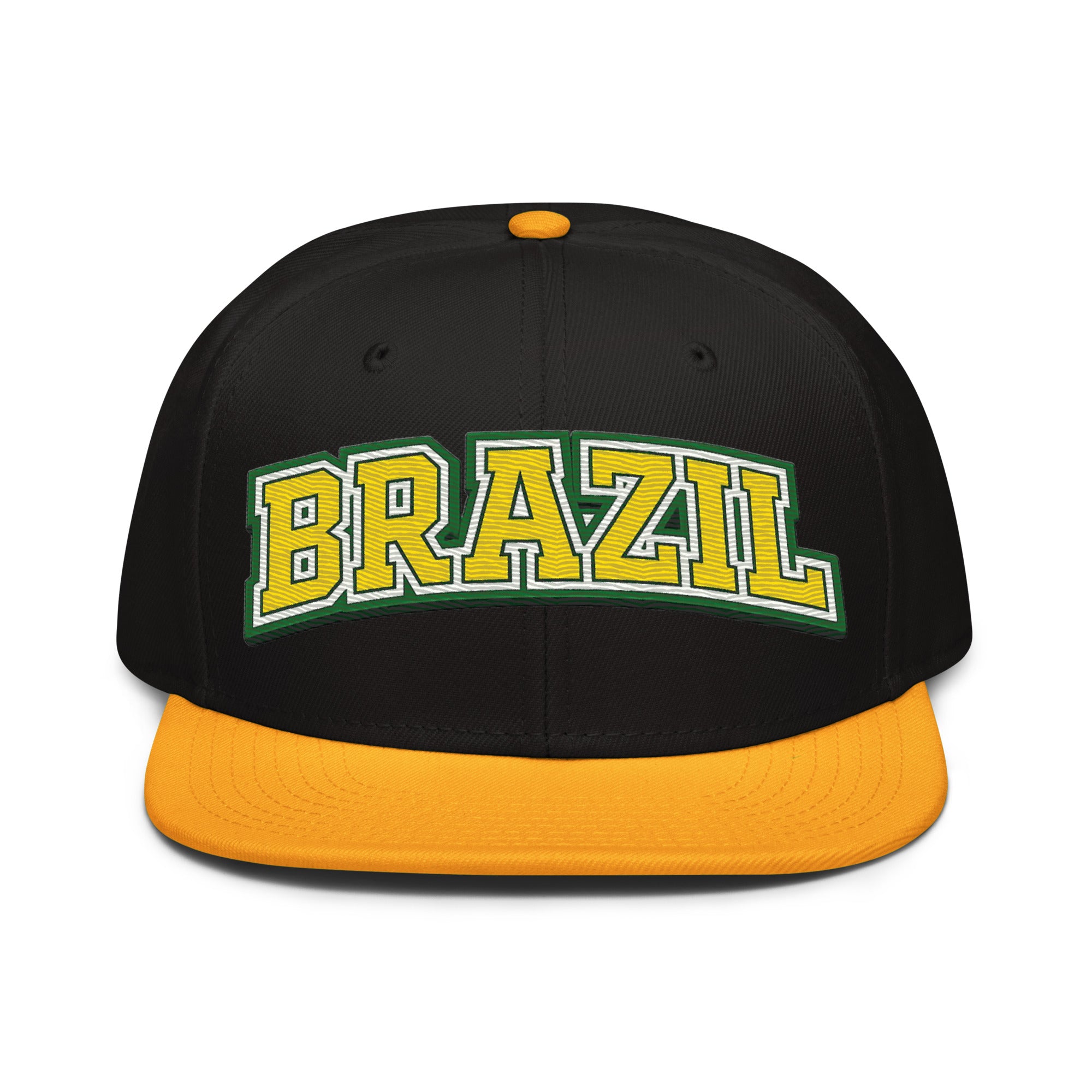 Black snapback hat with embroidered “BRAZIL” logo, orange button and underbrim