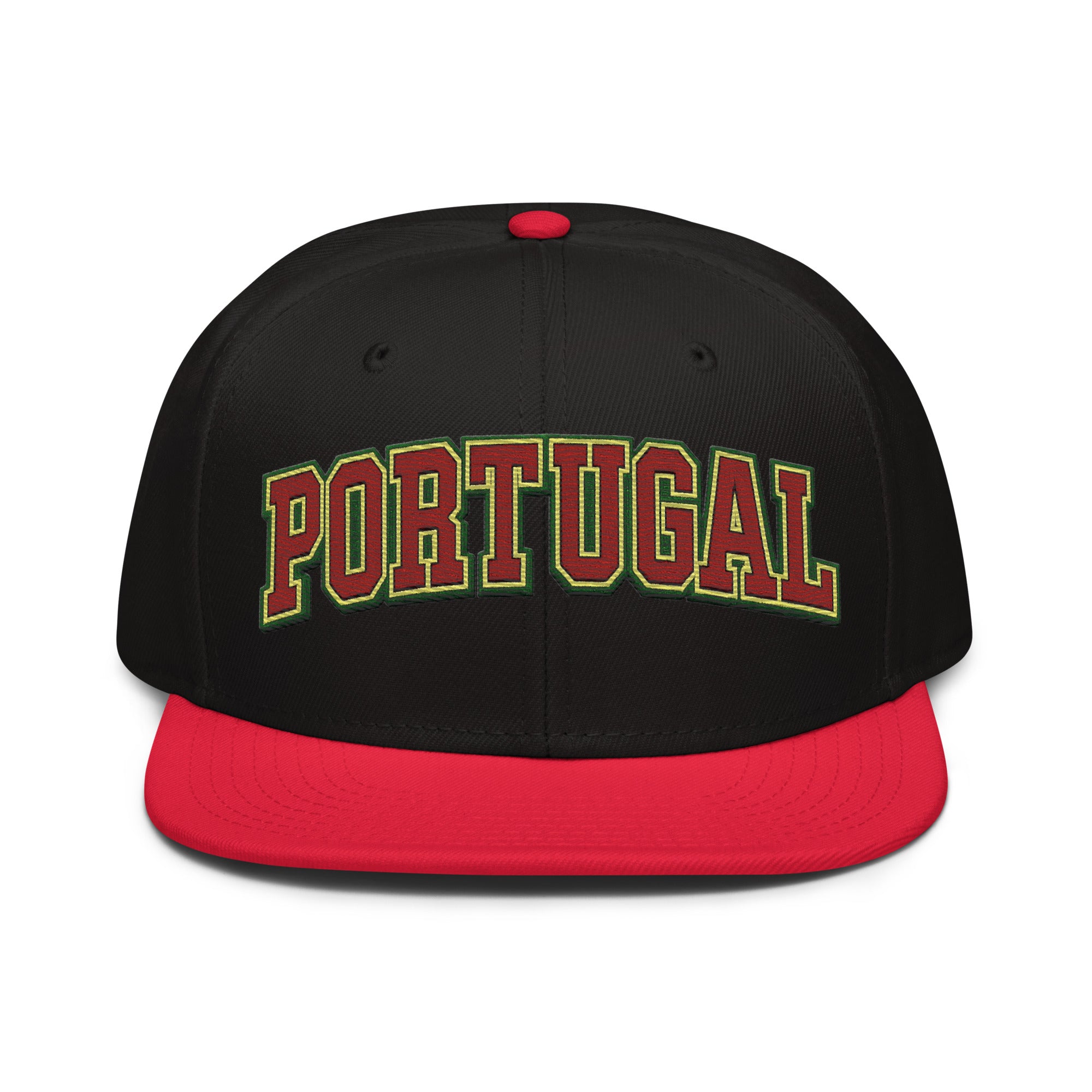 Black snapback cap with embroidered Portugal logo and red brim