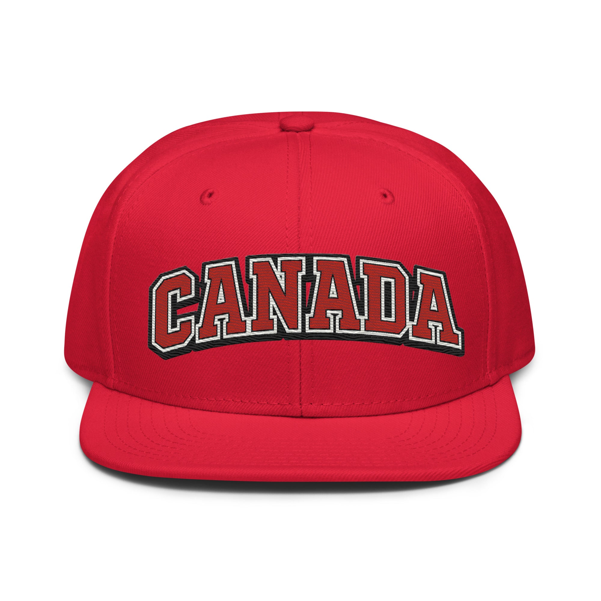 Red snapback hat with embroidered CANADA logo in red, white, and black