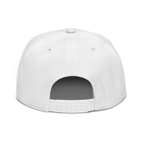 White snapback hat with dark back strap and stitched panel seams