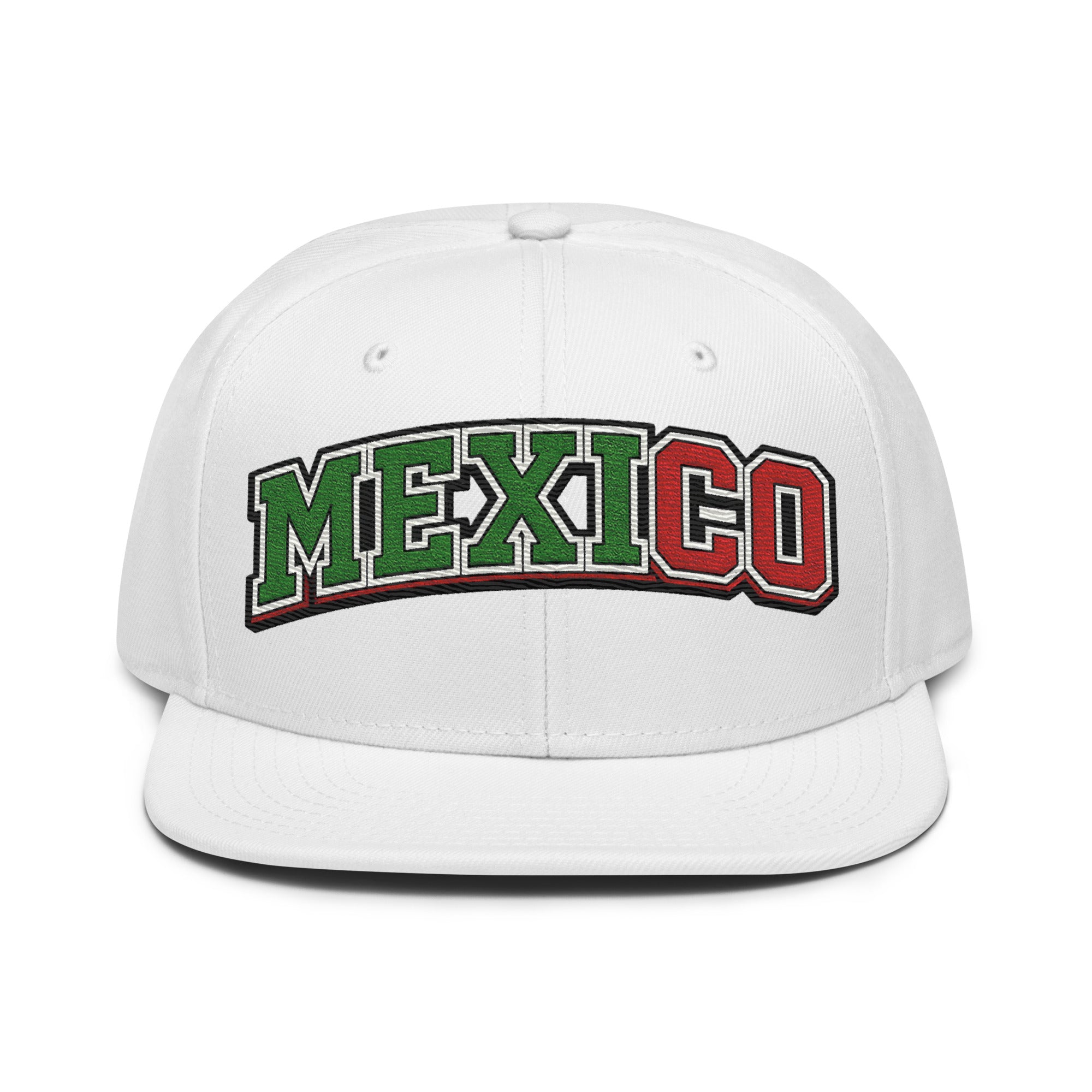 White snapback hat with embroidered "MEXICO" logo in green, white, and red