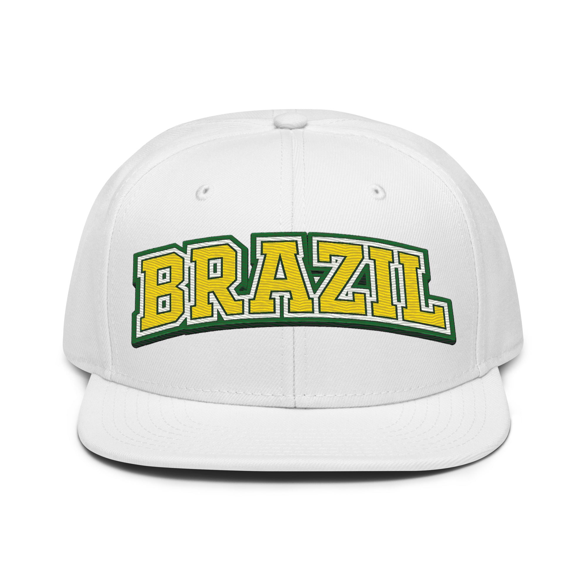 White snapback hat with embroidered “BRAZIL” logo across the front panel
