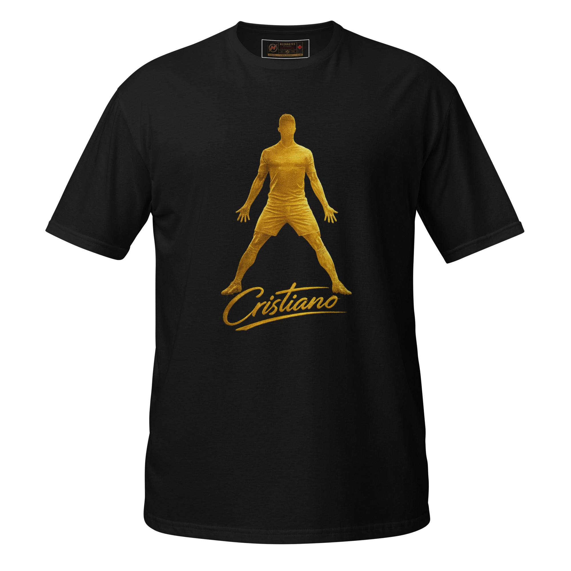Black unisex tee with gold player silhouette and Cristiano script on the chest