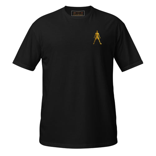 Black unisex T-shirt with small golden walking silhouette graphic on the chest, crew neck.