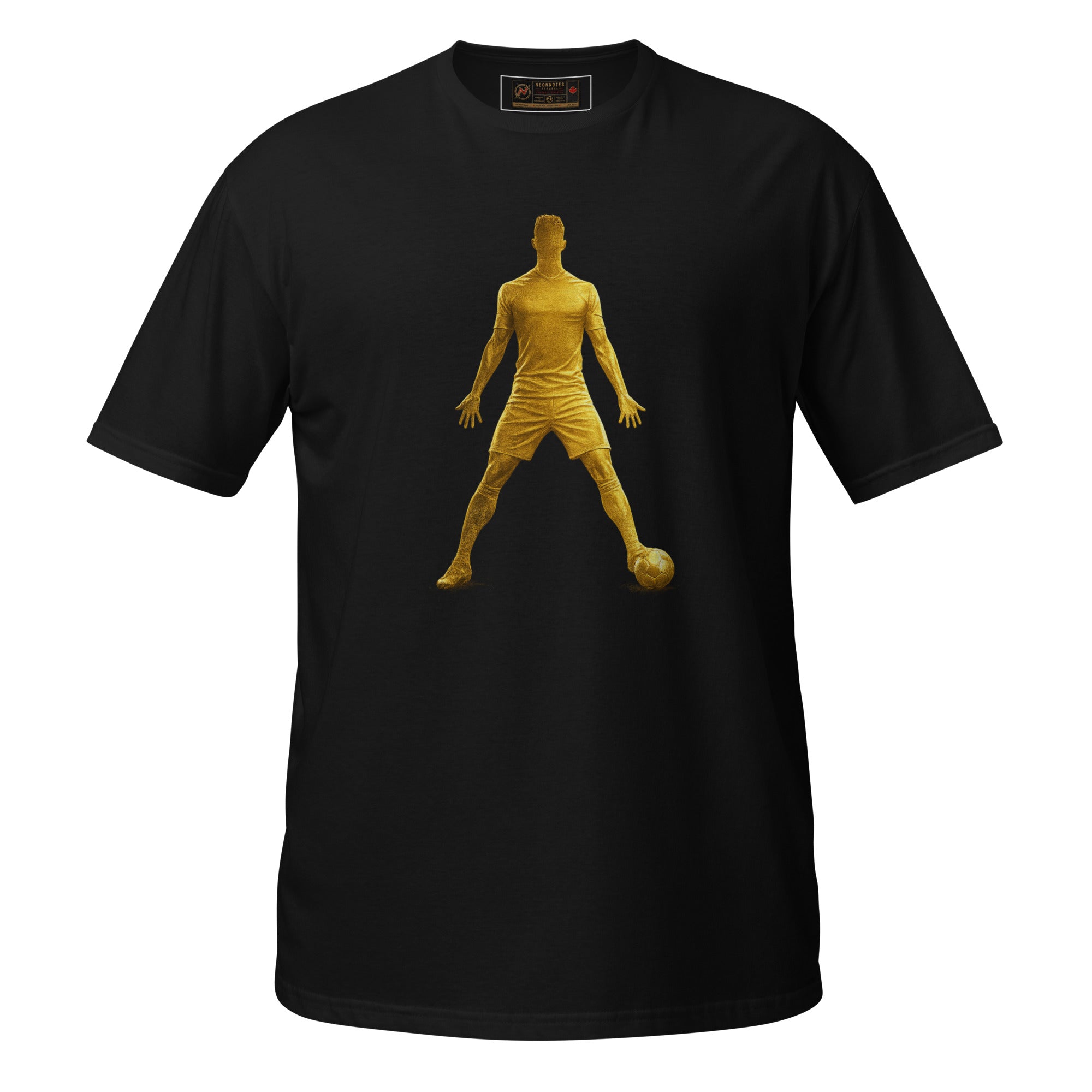Black unisex graphic T-shirt with gold icon silhouette on front.