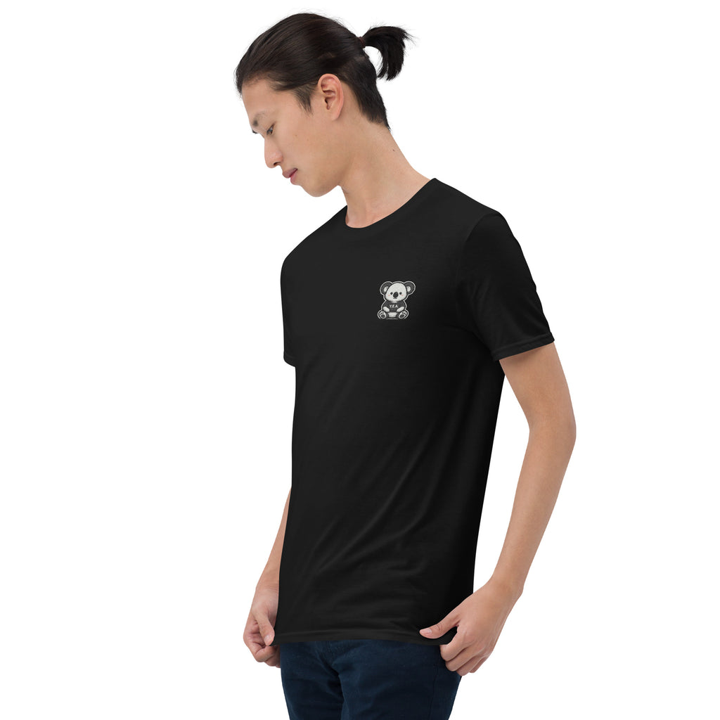 Black unisex embroidered tee worn by model, bear emblem on left chest