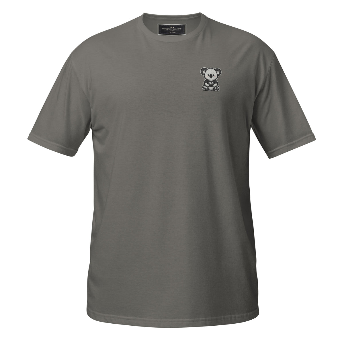 Charcoal gray unisex embroidered tee with small panda bear chest graphic.