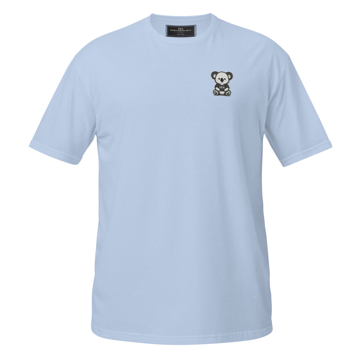 Light blue unisex embroidered tee with small bear emblem at the chest