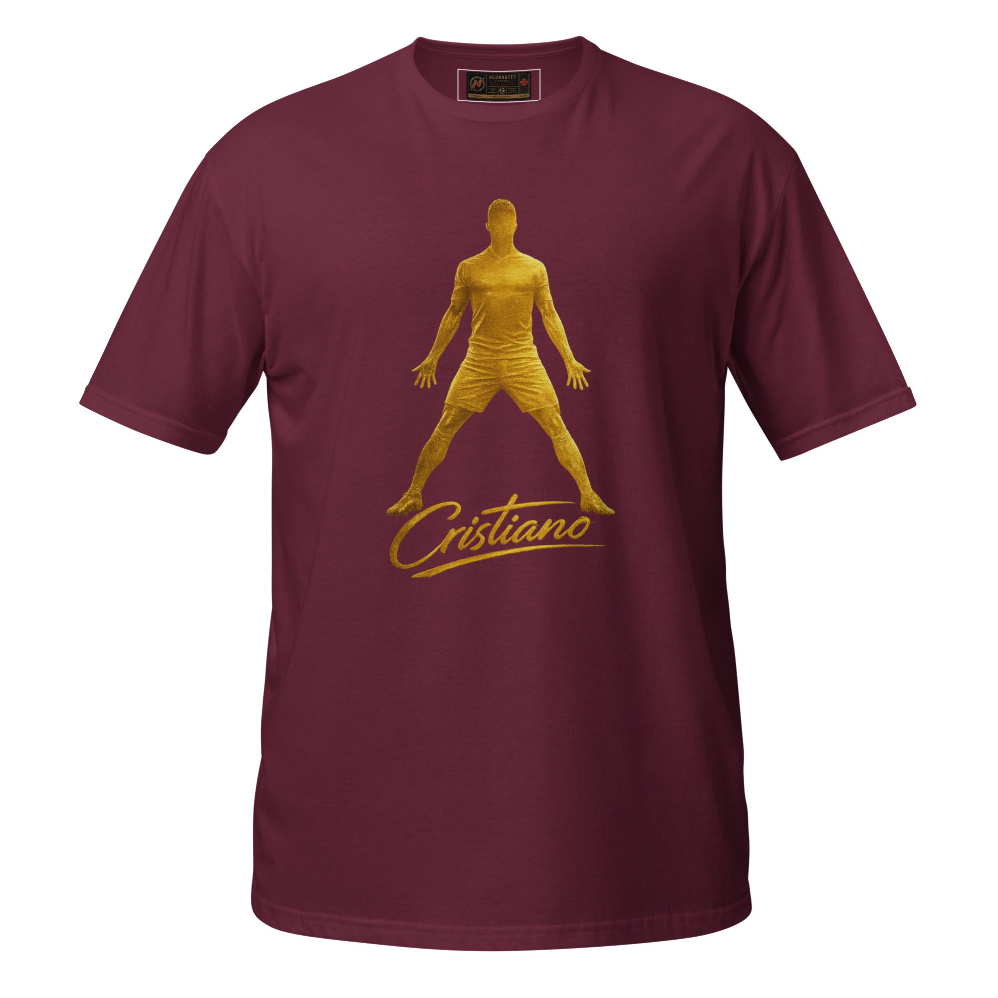 Maroon unisex tee with gold player silhouette and Cristiano script on the chest