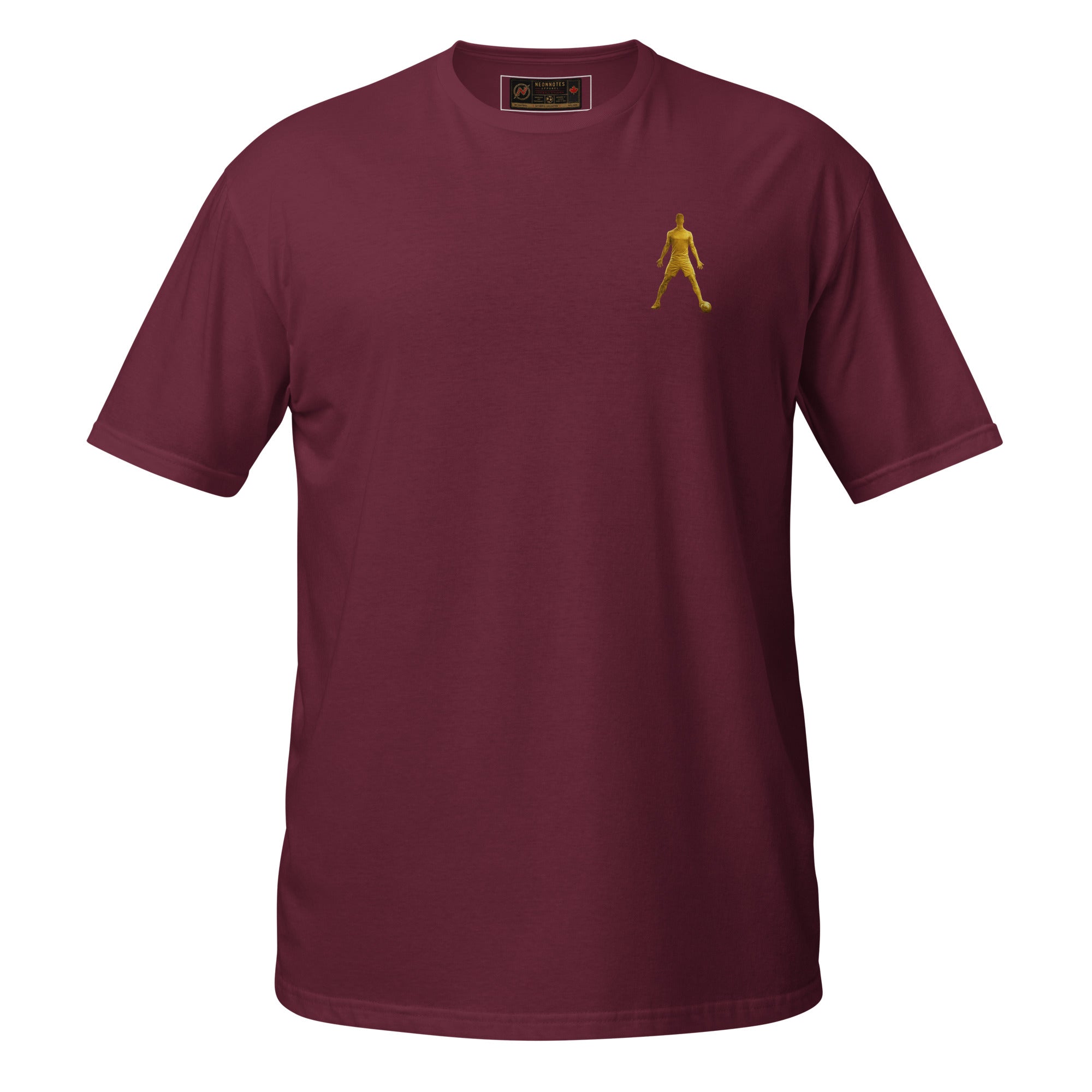 Maroon unisex T-shirt with small golden walking silhouette graphic on the chest, crew neck.
