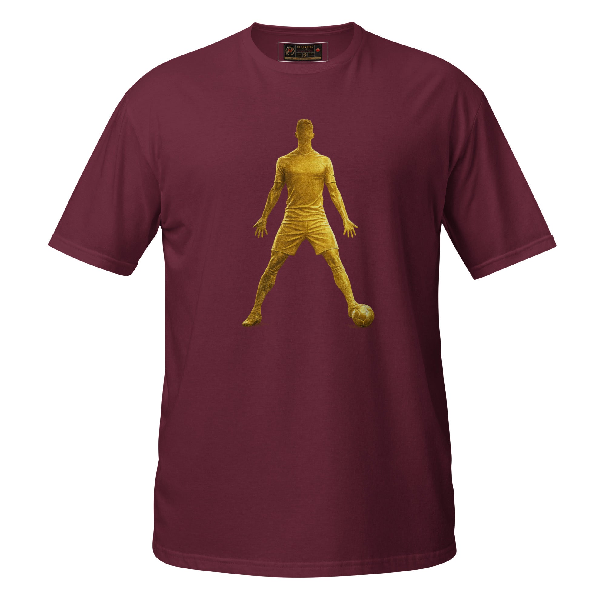 Maroon unisex graphic T-shirt with gold icon silhouette on front.
