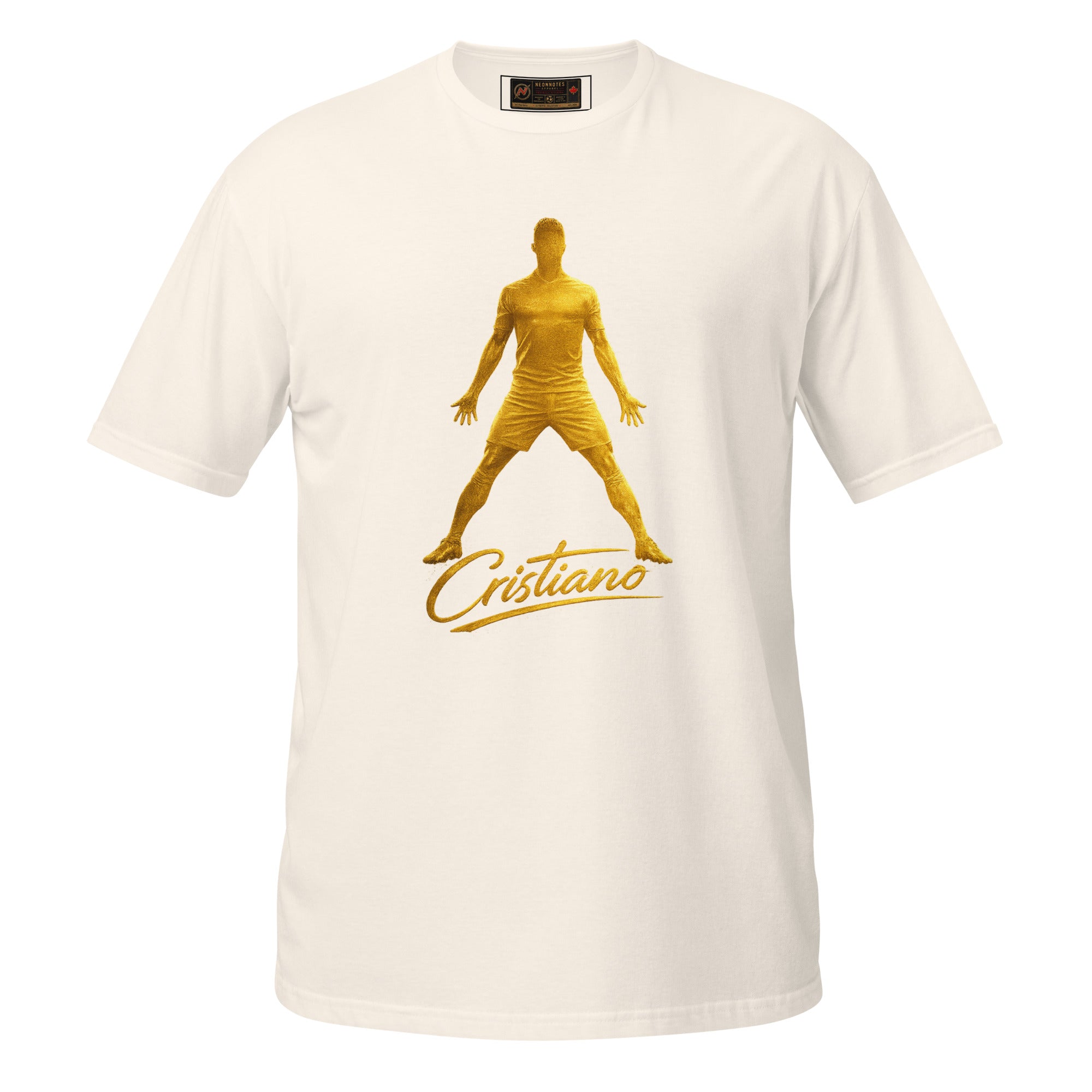 Natural unisex tee with gold player silhouette and Cristiano script on the chest