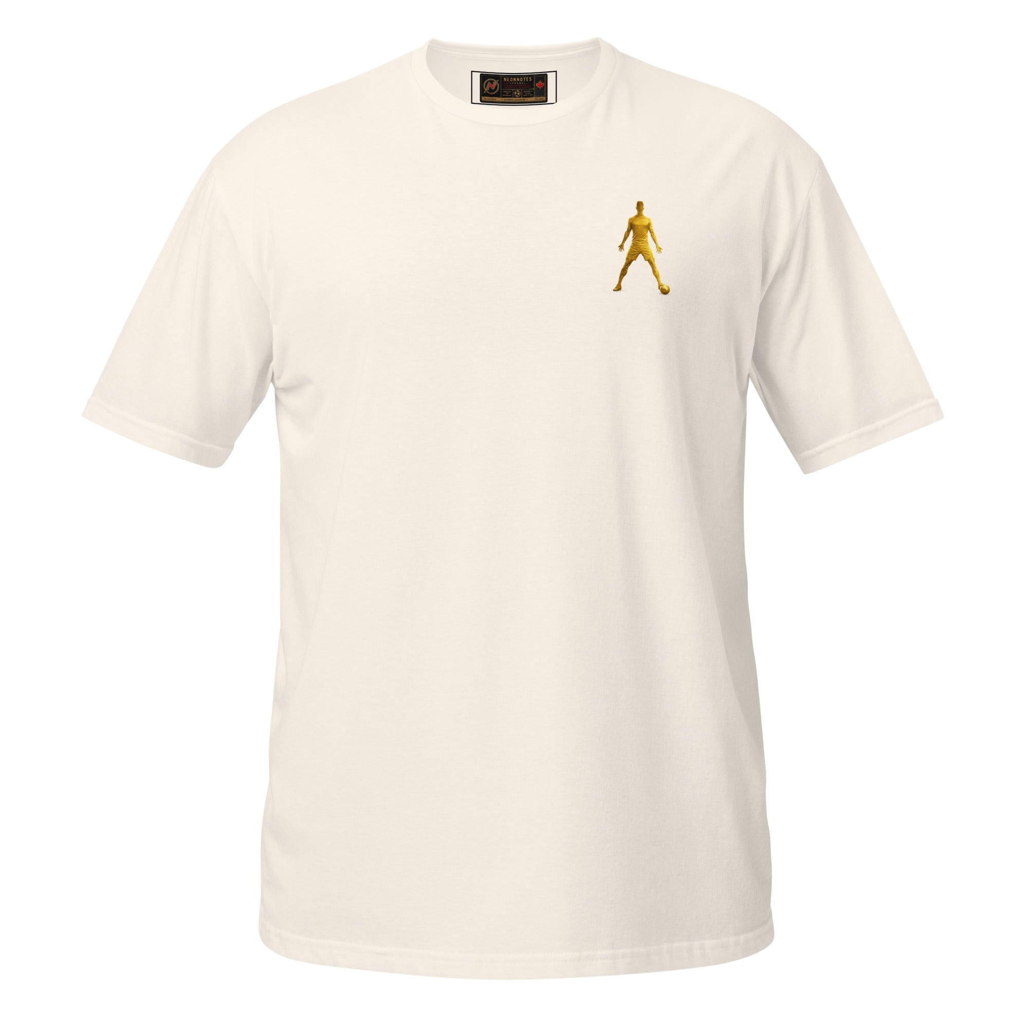 Off-white unisex T-shirt with small golden walking silhouette graphic on the chest, crew neck.