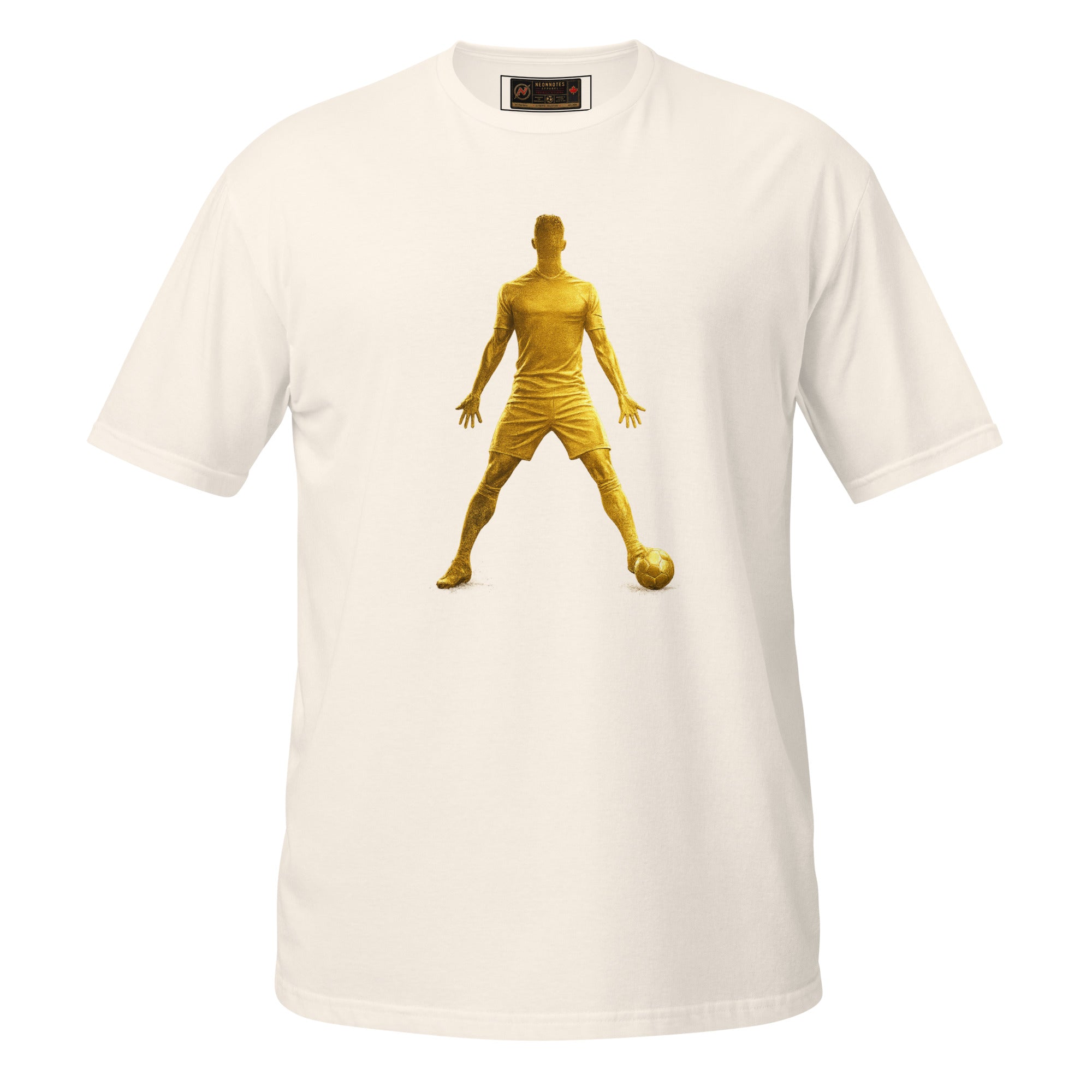 Natural unisex graphic T-shirt with gold icon silhouette on front.