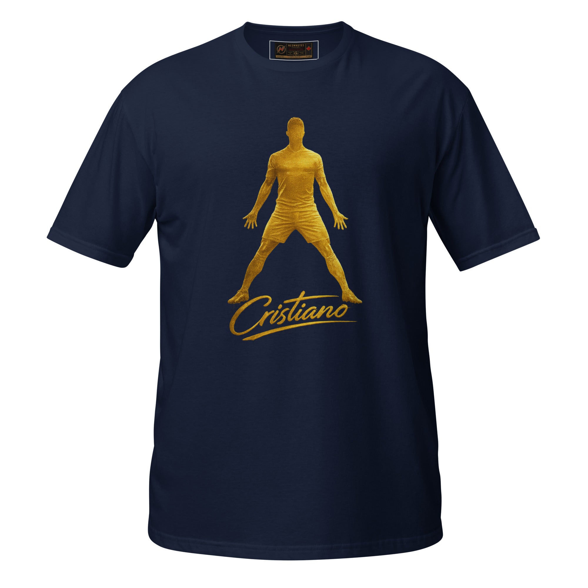 Navy unisex tee with gold player silhouette and Cristiano script on the chest