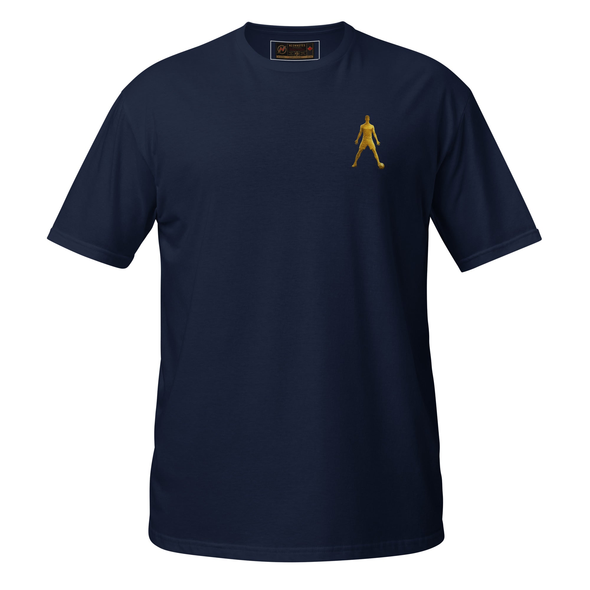 Navy unisex T-shirt with small golden walking silhouette graphic on the chest, crew neck.