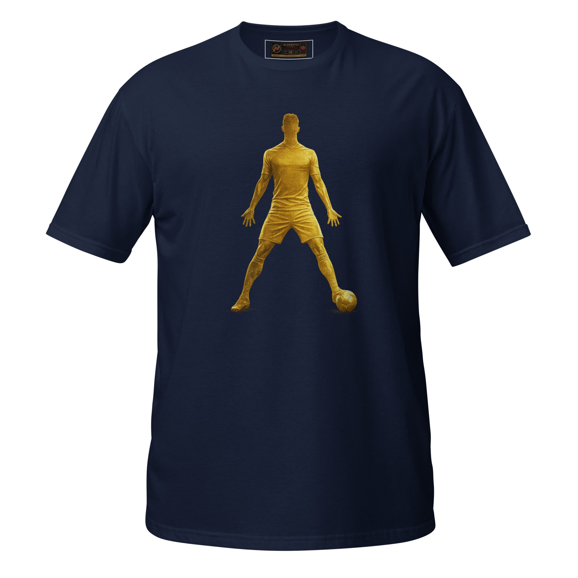 Navy unisex graphic T-shirt with gold icon silhouette on front.