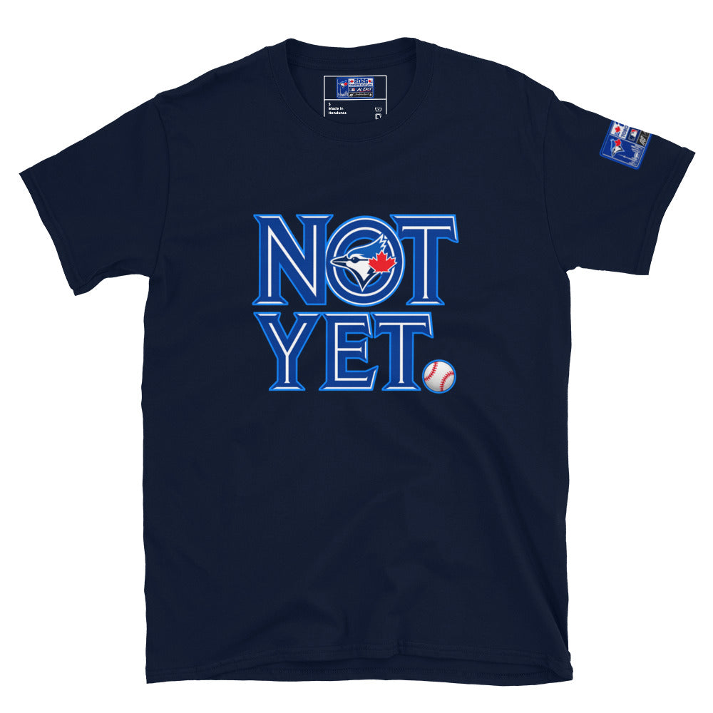Navy unisex statement T-shirt with neon-style "NOT YET" graphic and bird emblem
